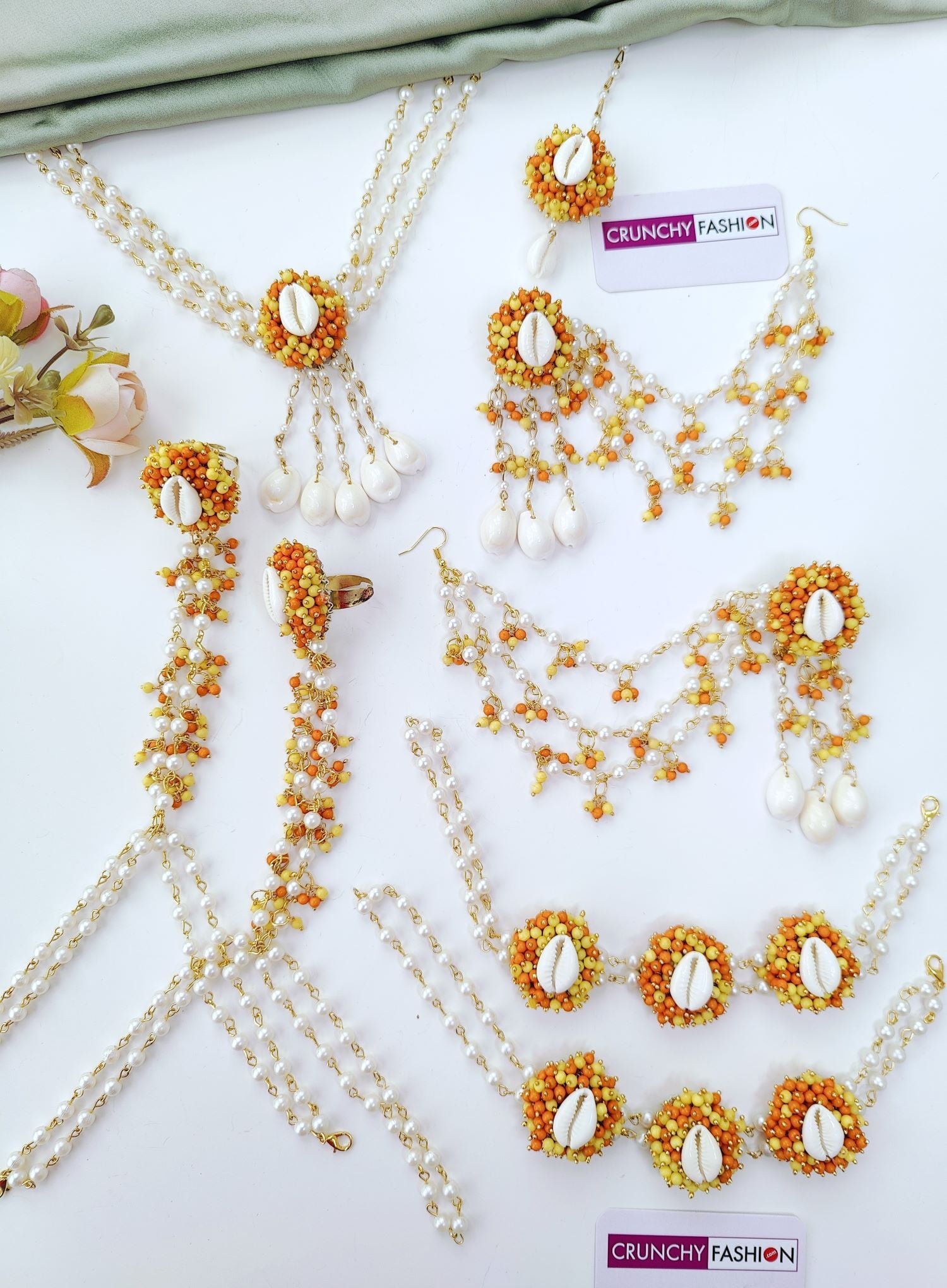 Handmade Orange Seashell Pearl Haldi Jewellery Set