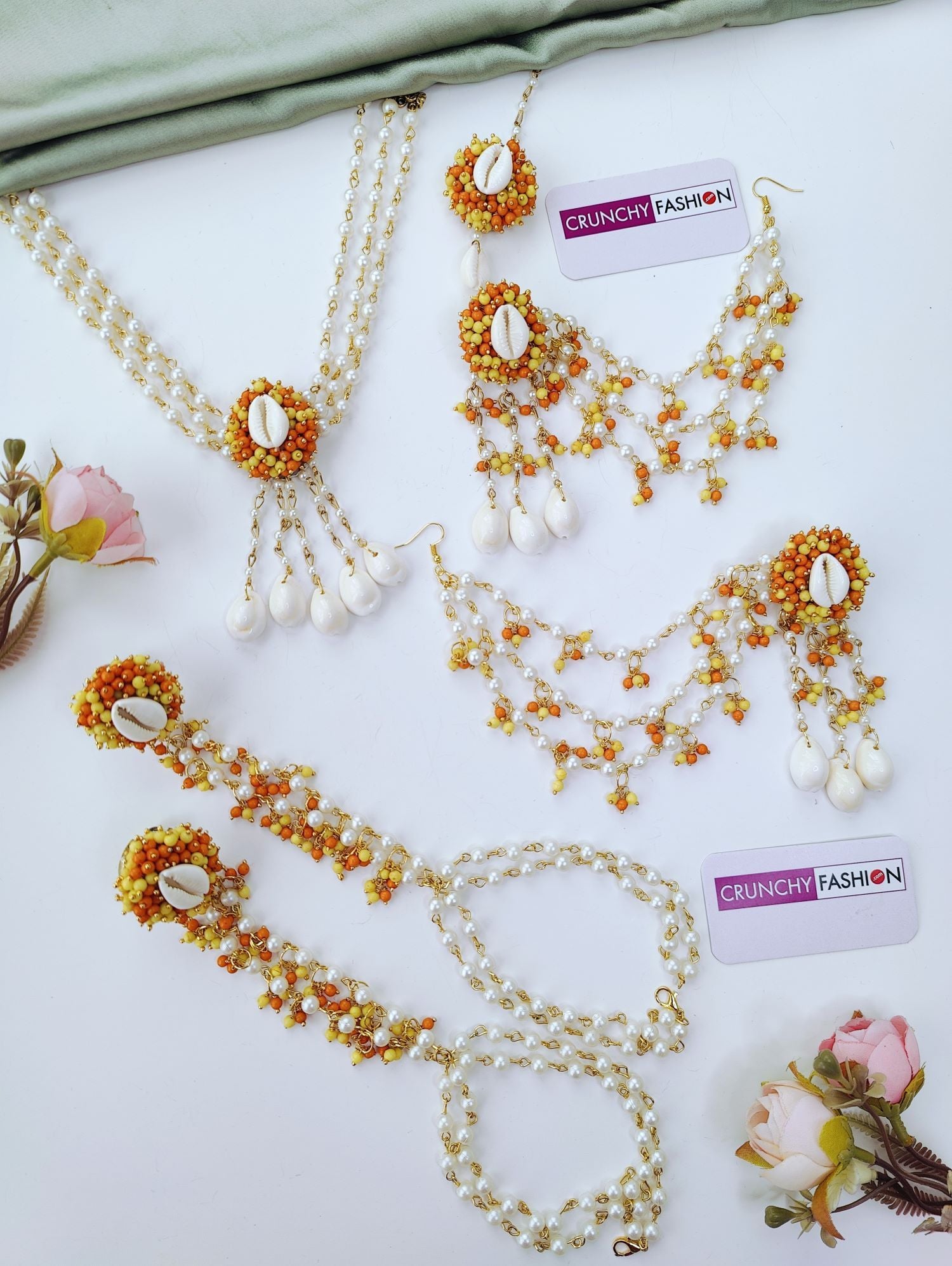Handmade Orange Seashell Pearl Haldi Jewellery Set