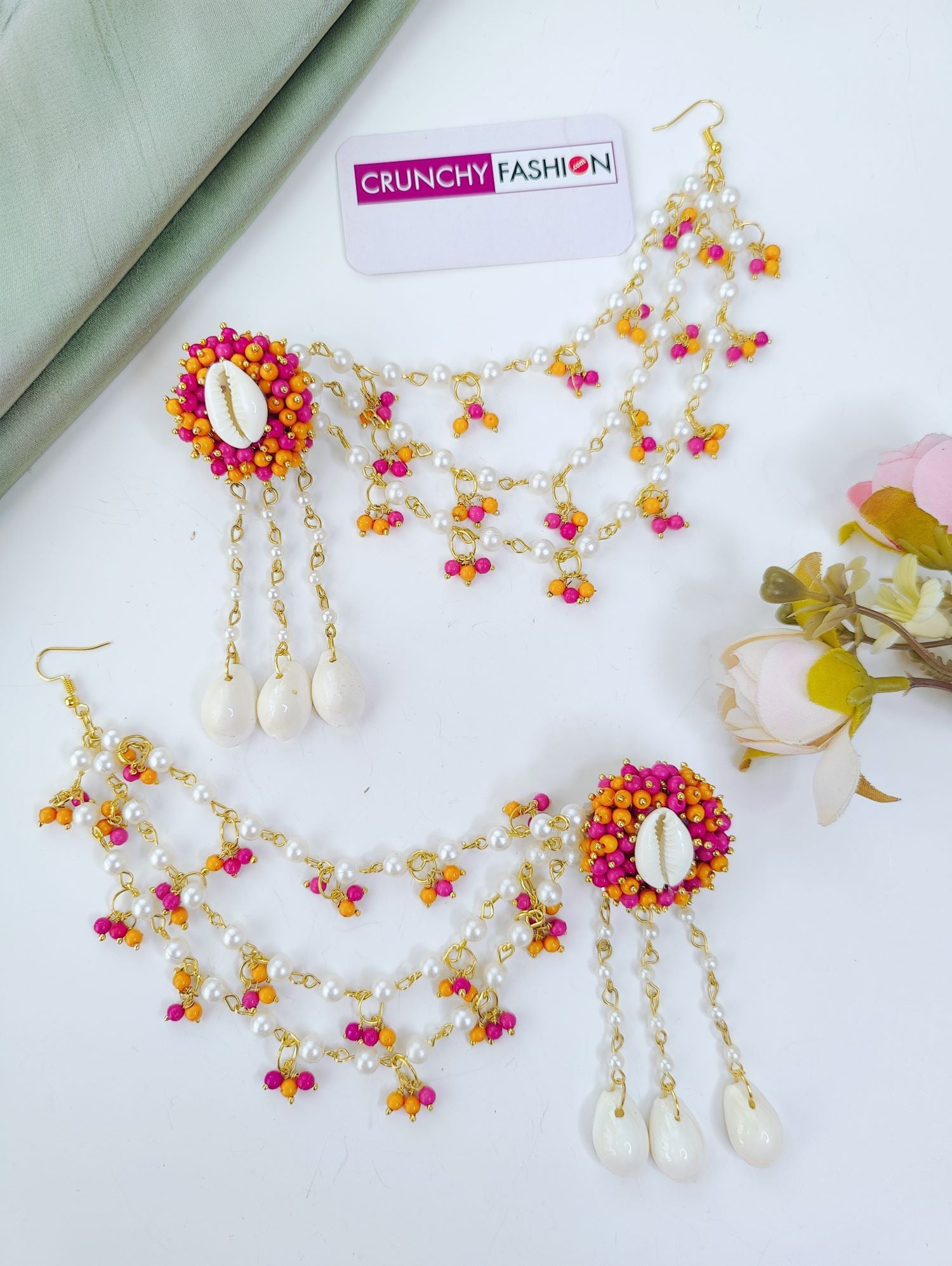 Handmade Pink & Orange Cowrie Haldi Jewellery Set