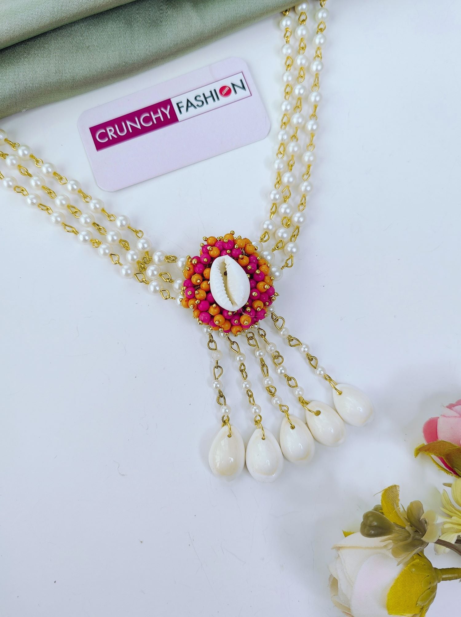 Handmade Pink & Orange Cowrie Haldi Jewellery Set