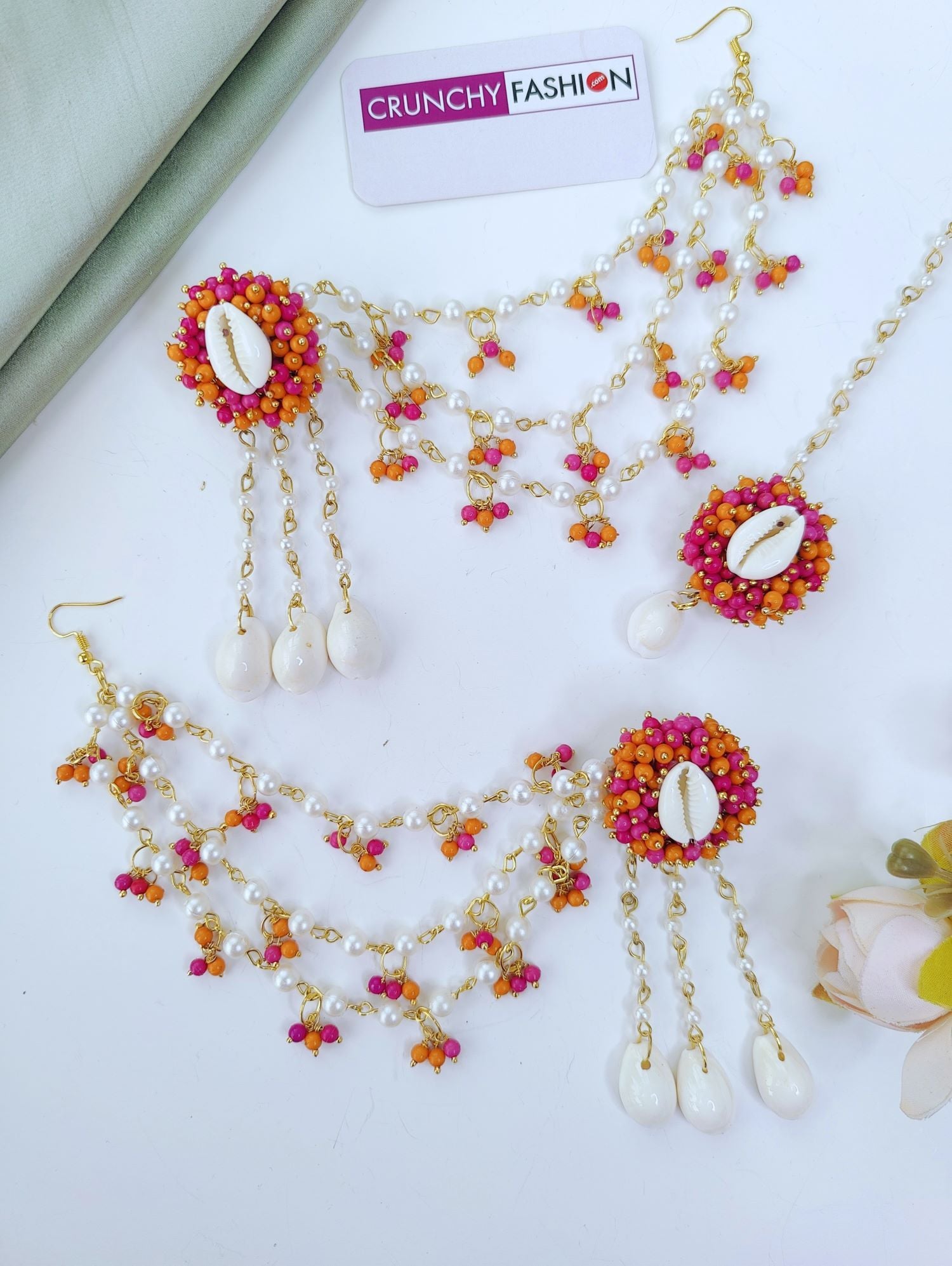 Handmade Pink & Orange Cowrie Haldi Jewellery Set