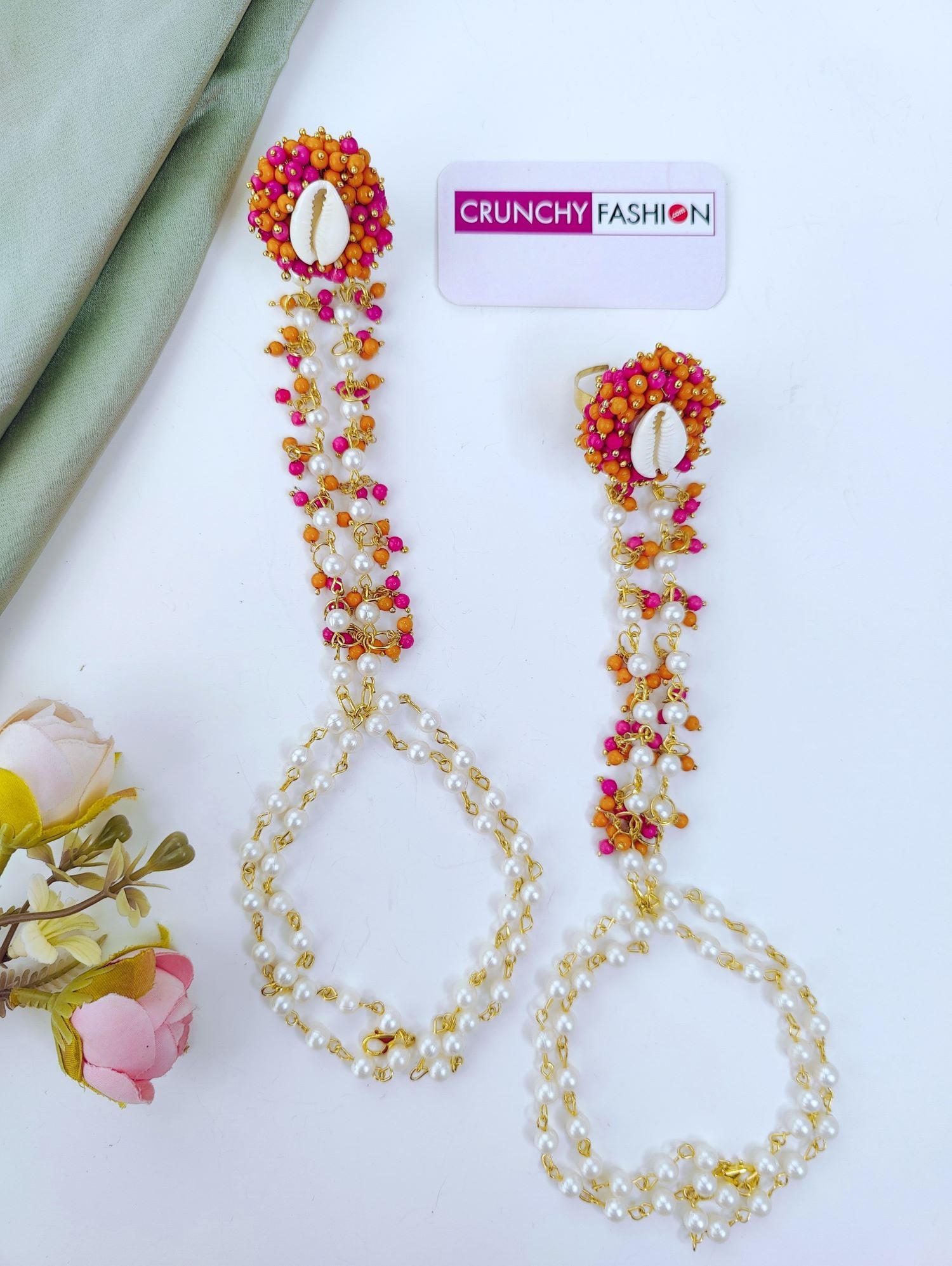 Handmade Pink & Orange Cowrie Haldi Jewellery Set
