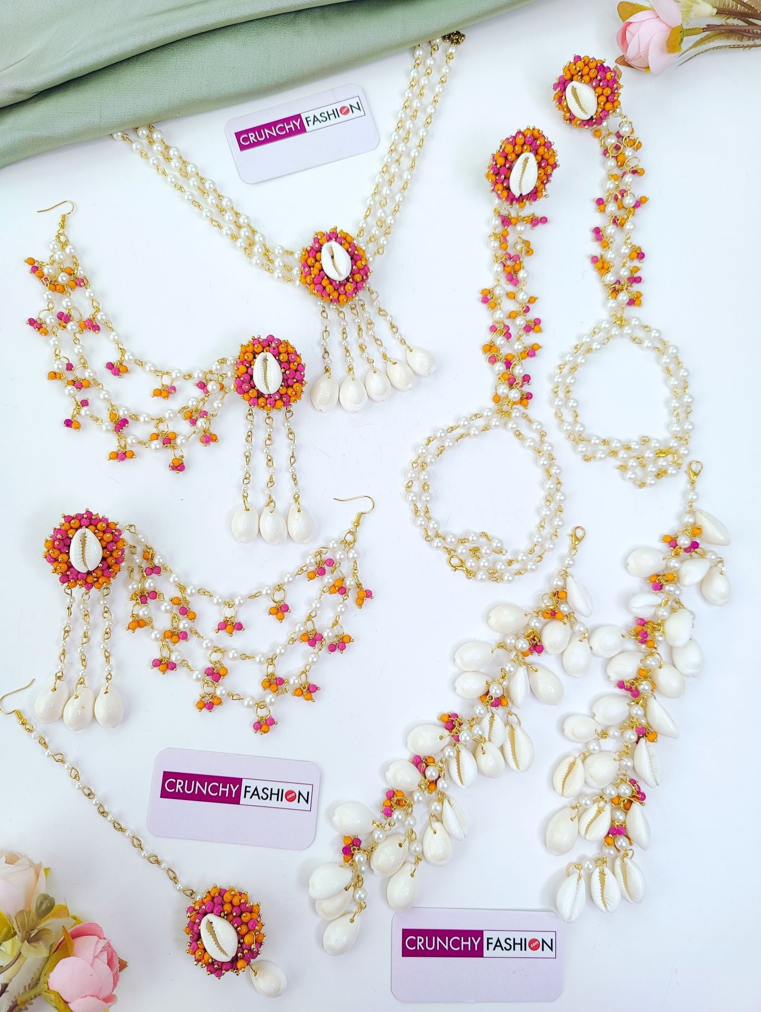 Handmade Pink & Orange Cowrie Haldi Jewellery Set