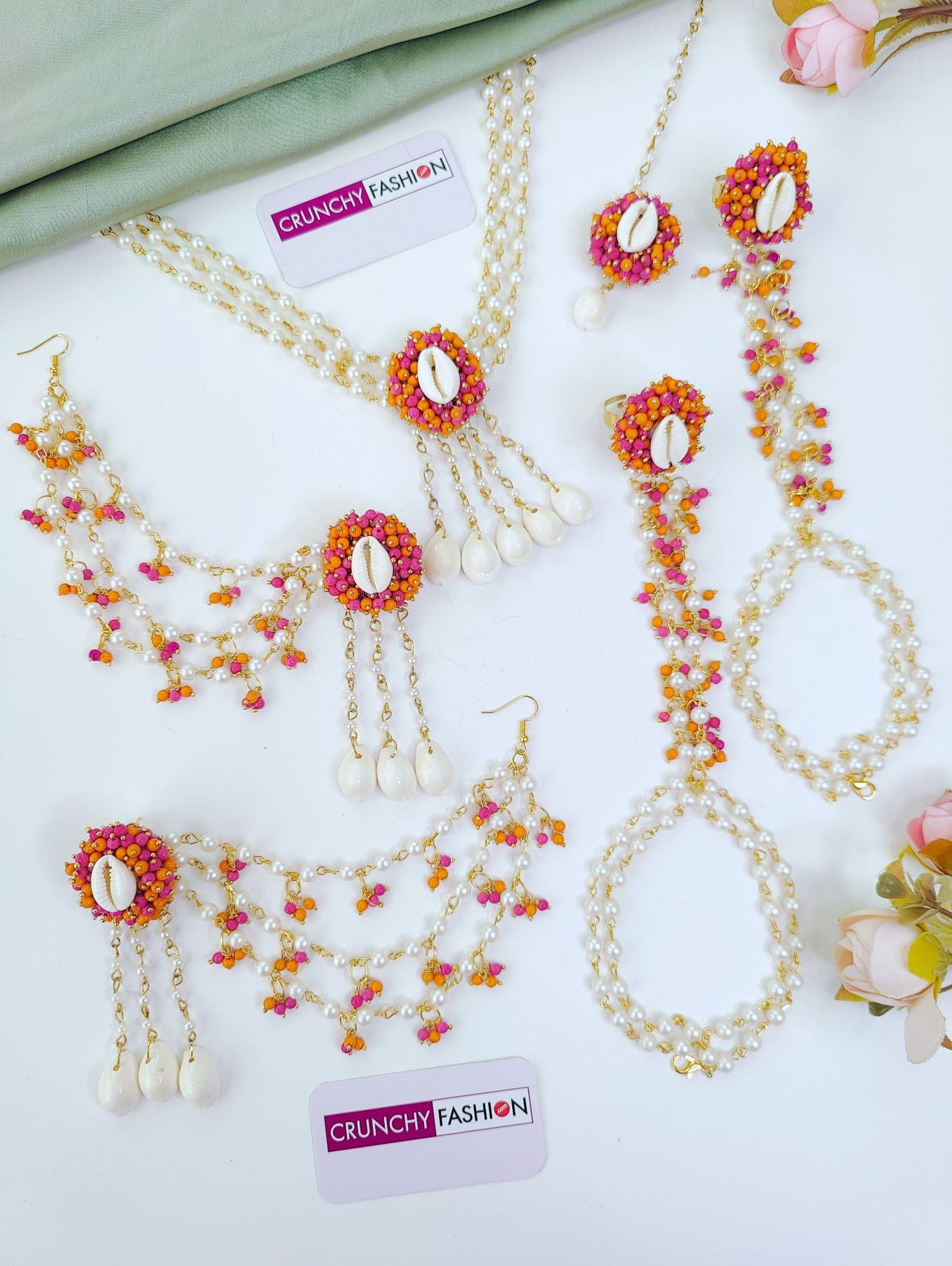 Handmade Pink & Orange Cowrie Haldi Jewellery Set