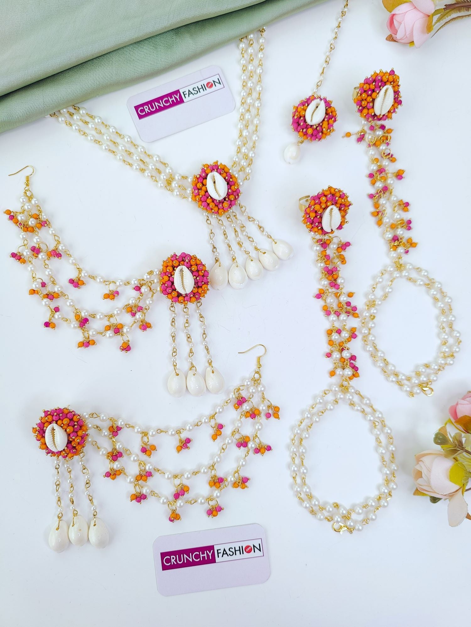 Handmade Pink & Orange Cowrie Haldi Jewellery Set