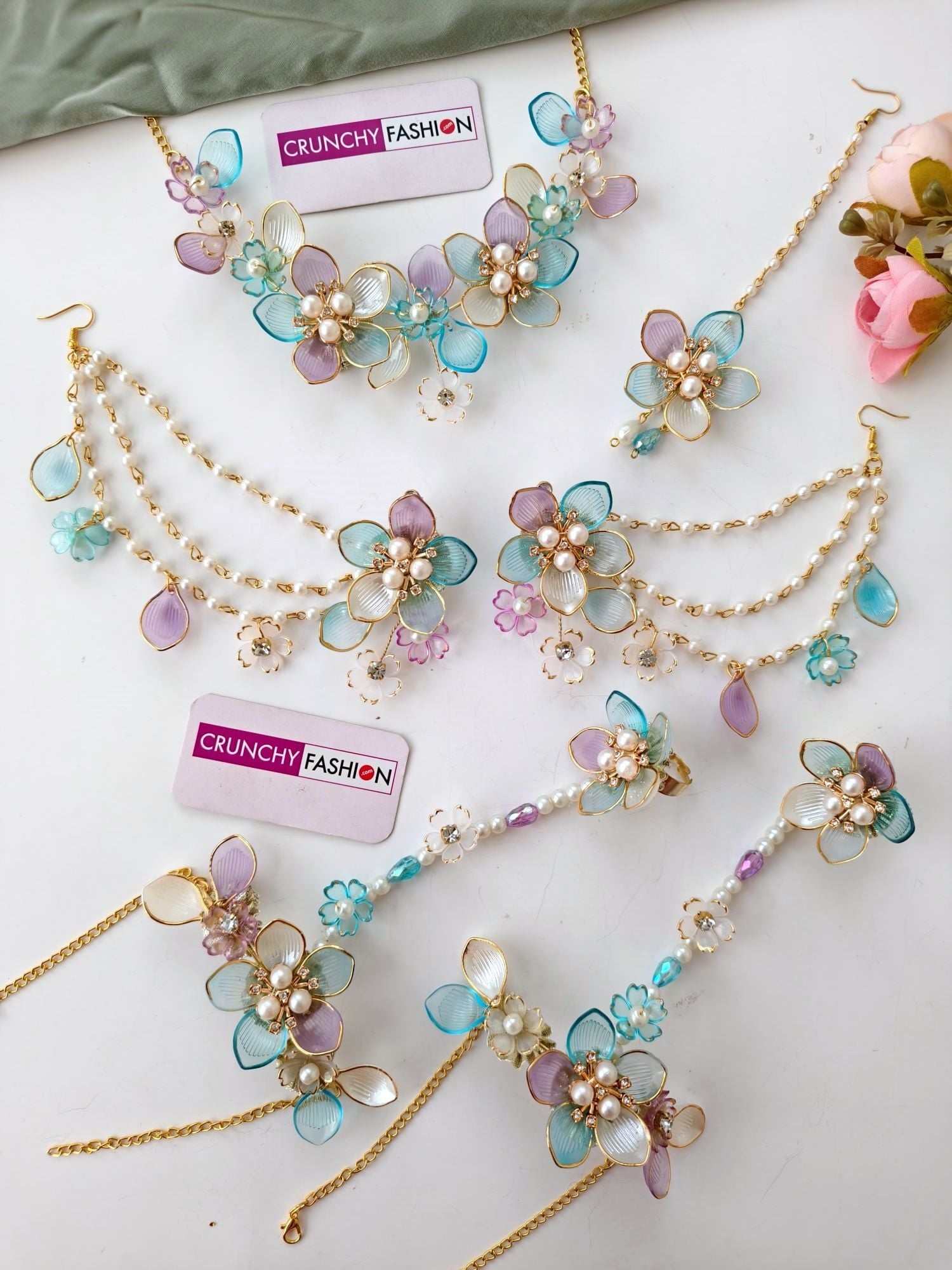 Powder Blue Flower Haldi Resin Jewelry Set