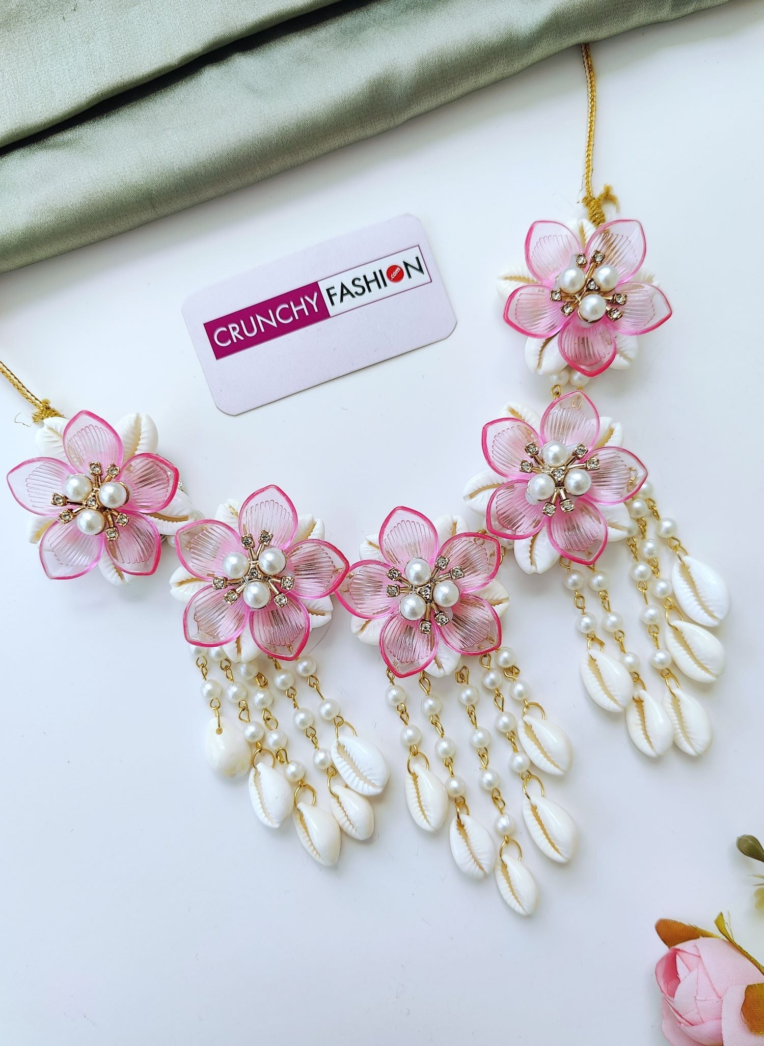 Pink Acrylic Seashell Floral Haldi Jewelry Set