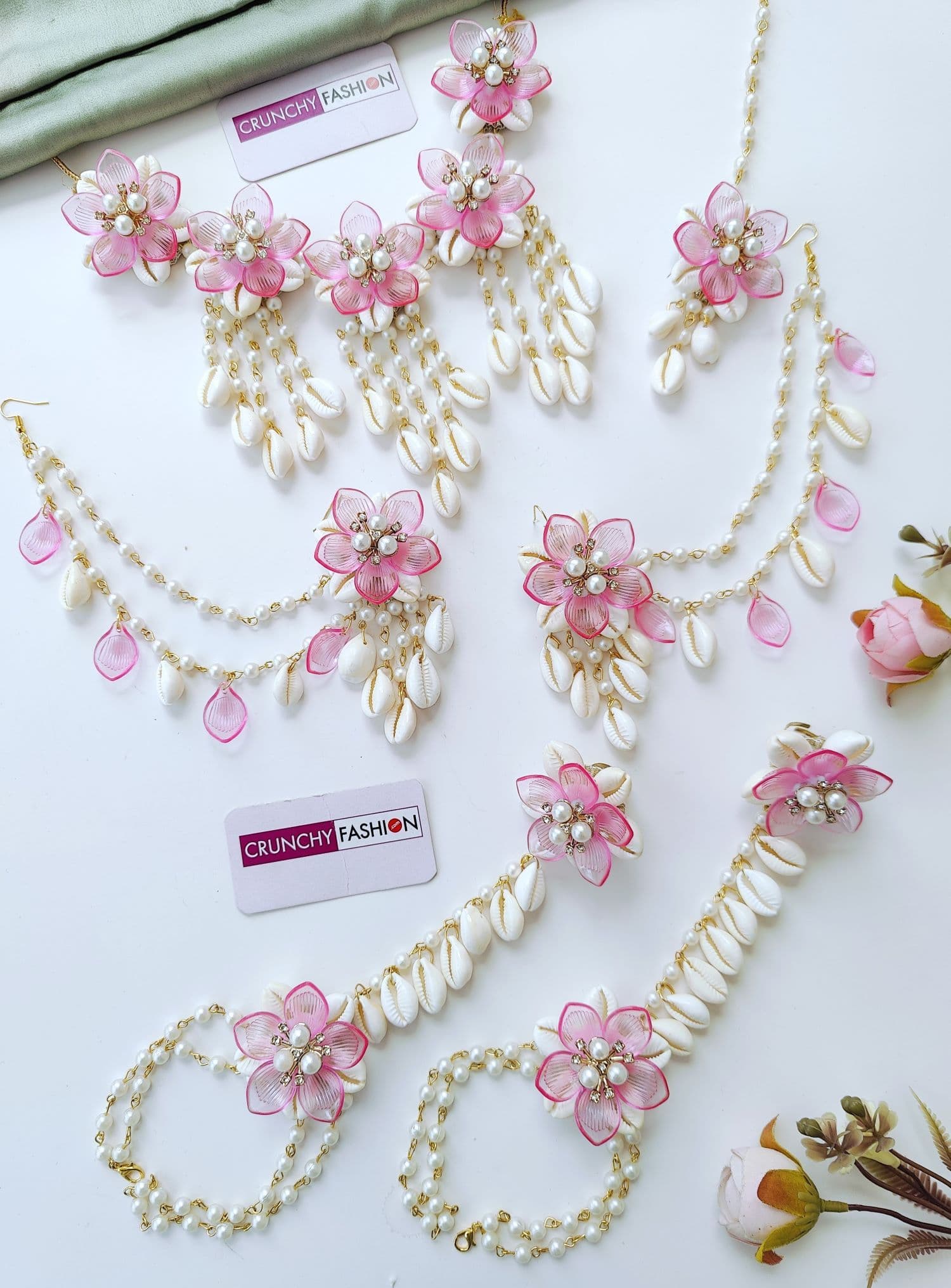 Pink Acrylic Seashell Floral Haldi Jewelry Set