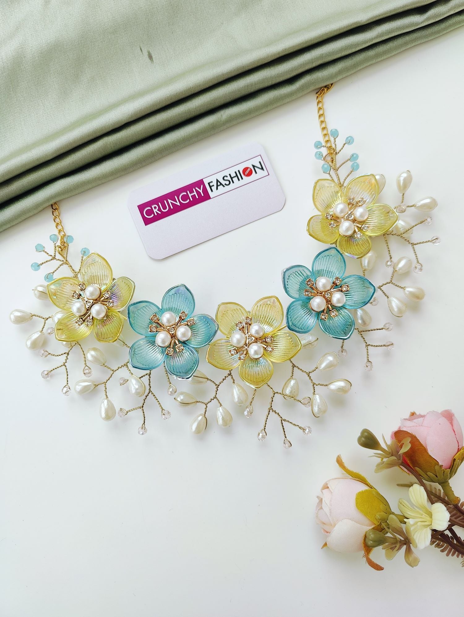 Sky Blue & Yellow Acrylic Floral Haldi Jewelry Set