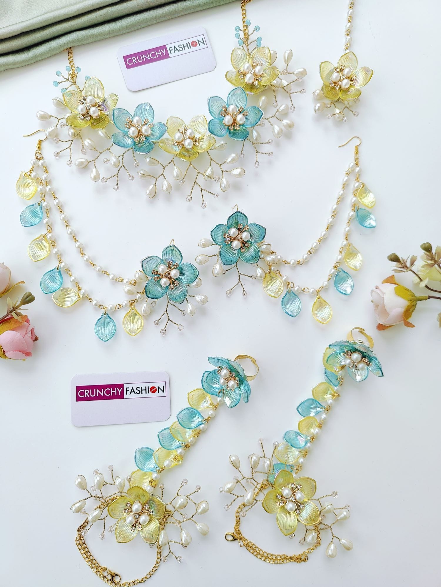Sky Blue & Yellow Acrylic Floral Haldi Jewelry Set