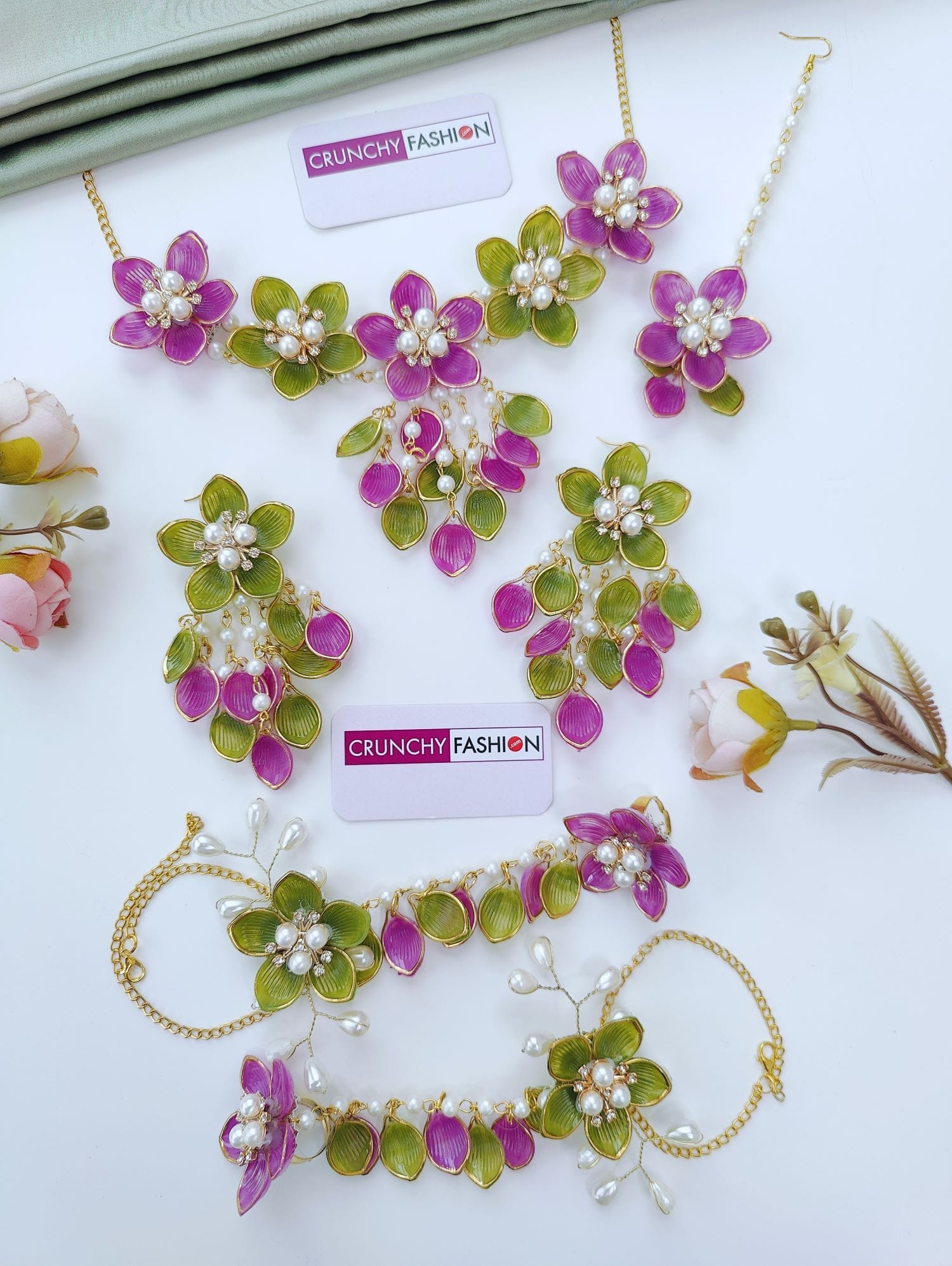 Purple Green Acrylic Floral Haldi Mehndi Jewelry Set