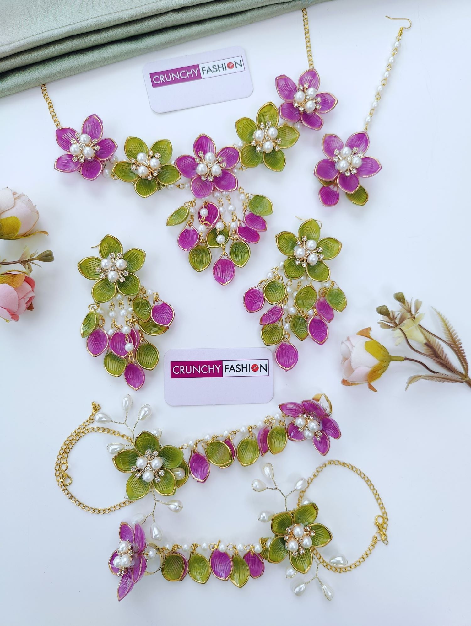 Purple Green Acrylic Floral Haldi Mehndi Jewelry Set