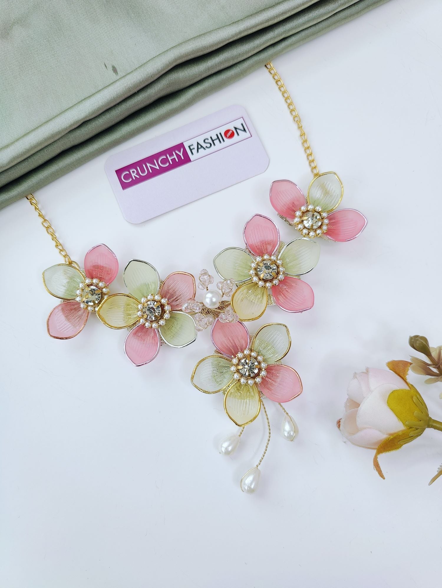 Pink Mint Floral Jewellery Set with Kaliras