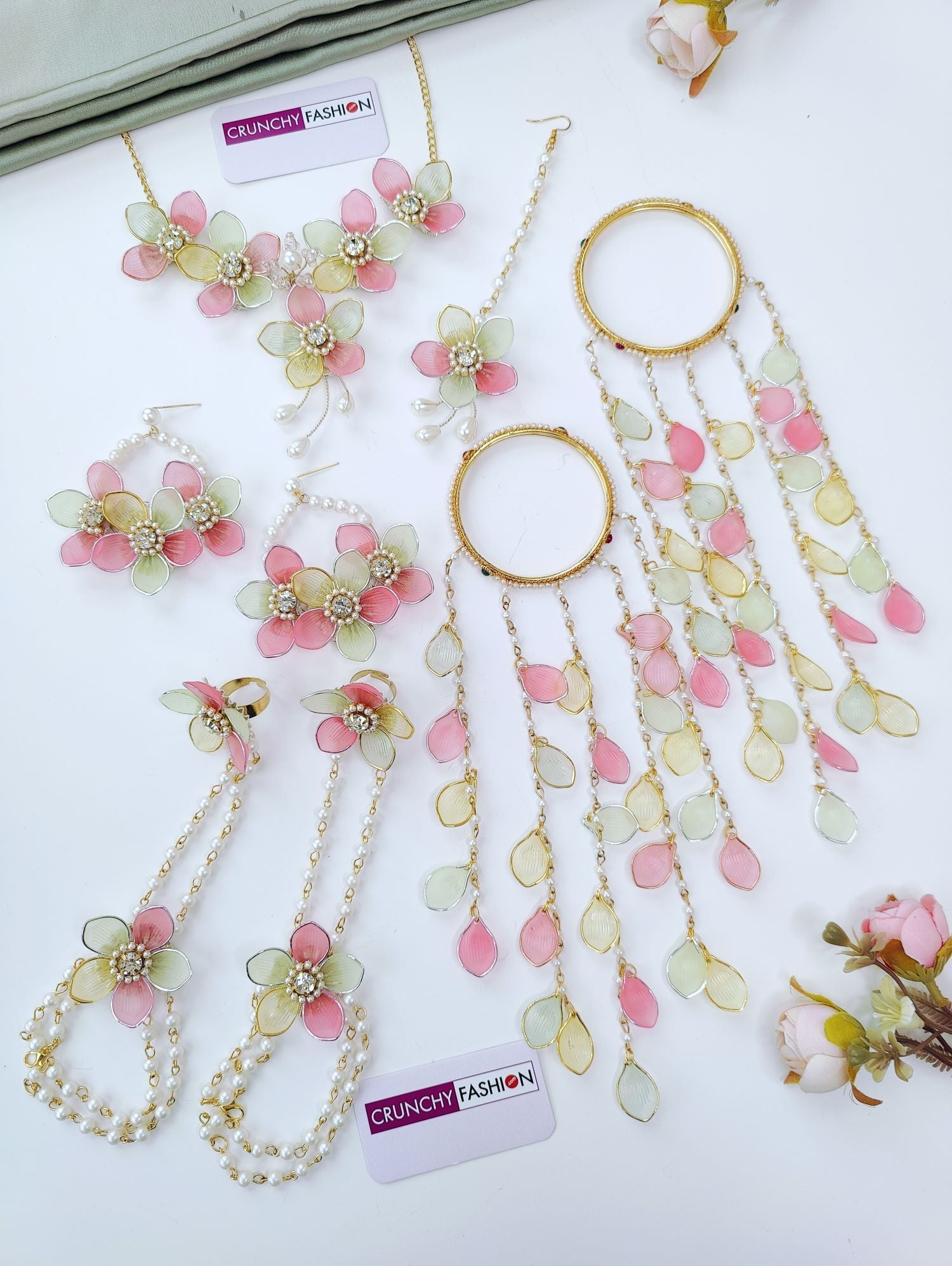 Pink Mint Floral Jewellery Set with Kaliras