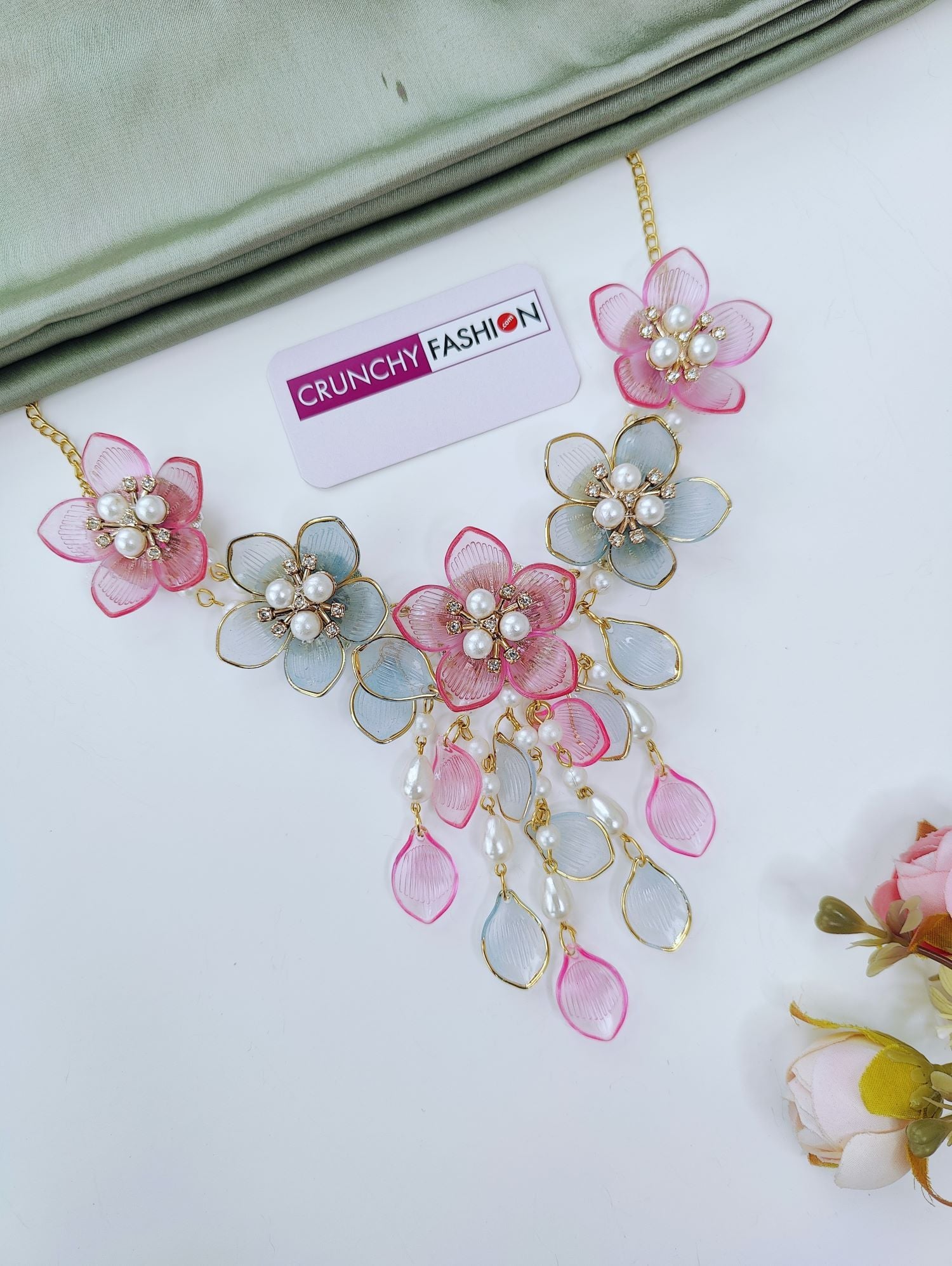 Handmade Pink Floral Acrylic Jewelry Set with Kaliras