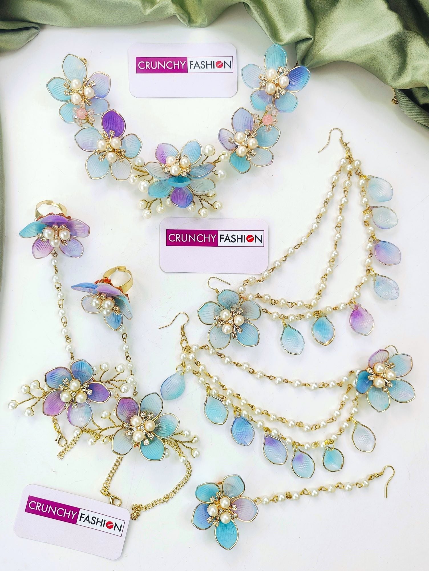 Pastel Blue Purple Acrylic Floral Jewellery Set for Haldi & Mehndi Brides
