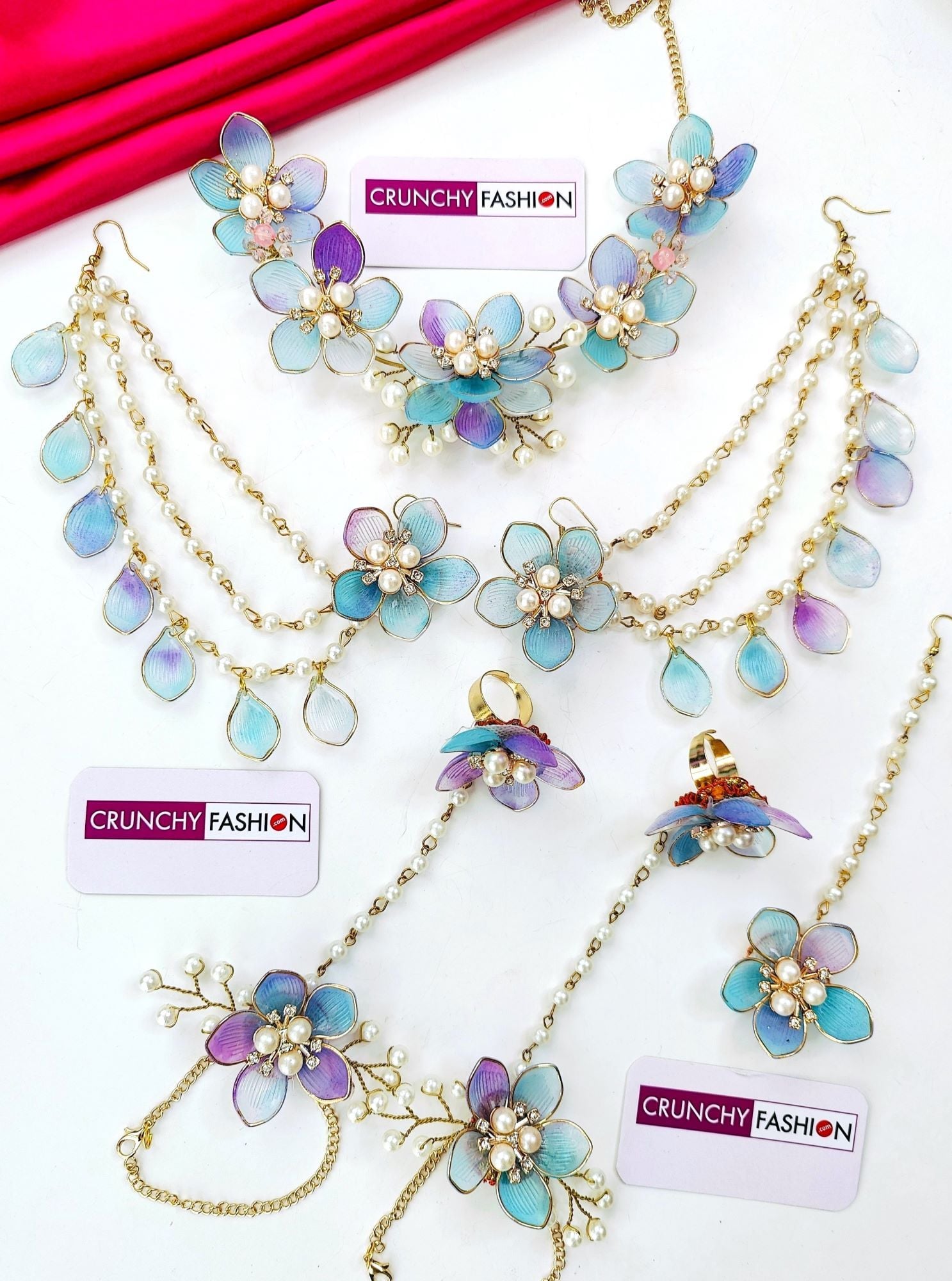 Pastel Blue Purple Acrylic Floral Jewellery Set for Haldi & Mehndi Brides