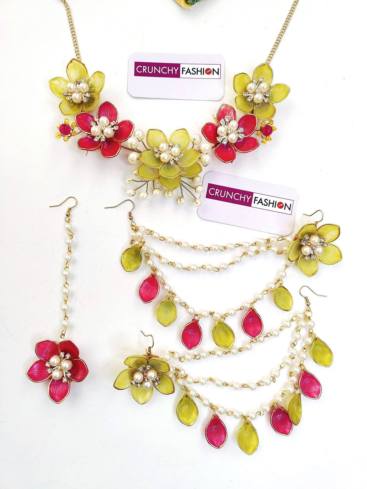 Designer Floral Haldi-Mehndi Bridal Jewellery Pink & Green