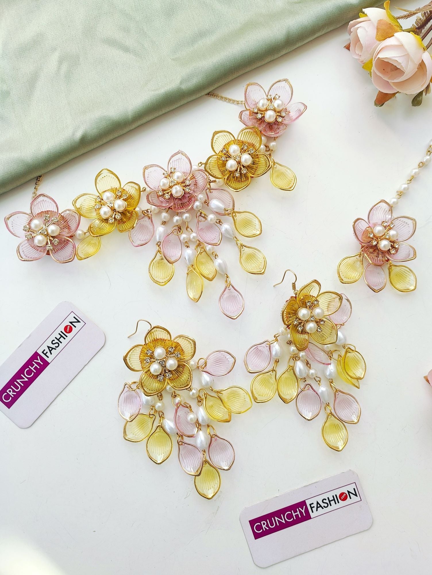 Yellow-Pink Acrylic Flowers Bridal Jewelry for Haldi-Mehndi