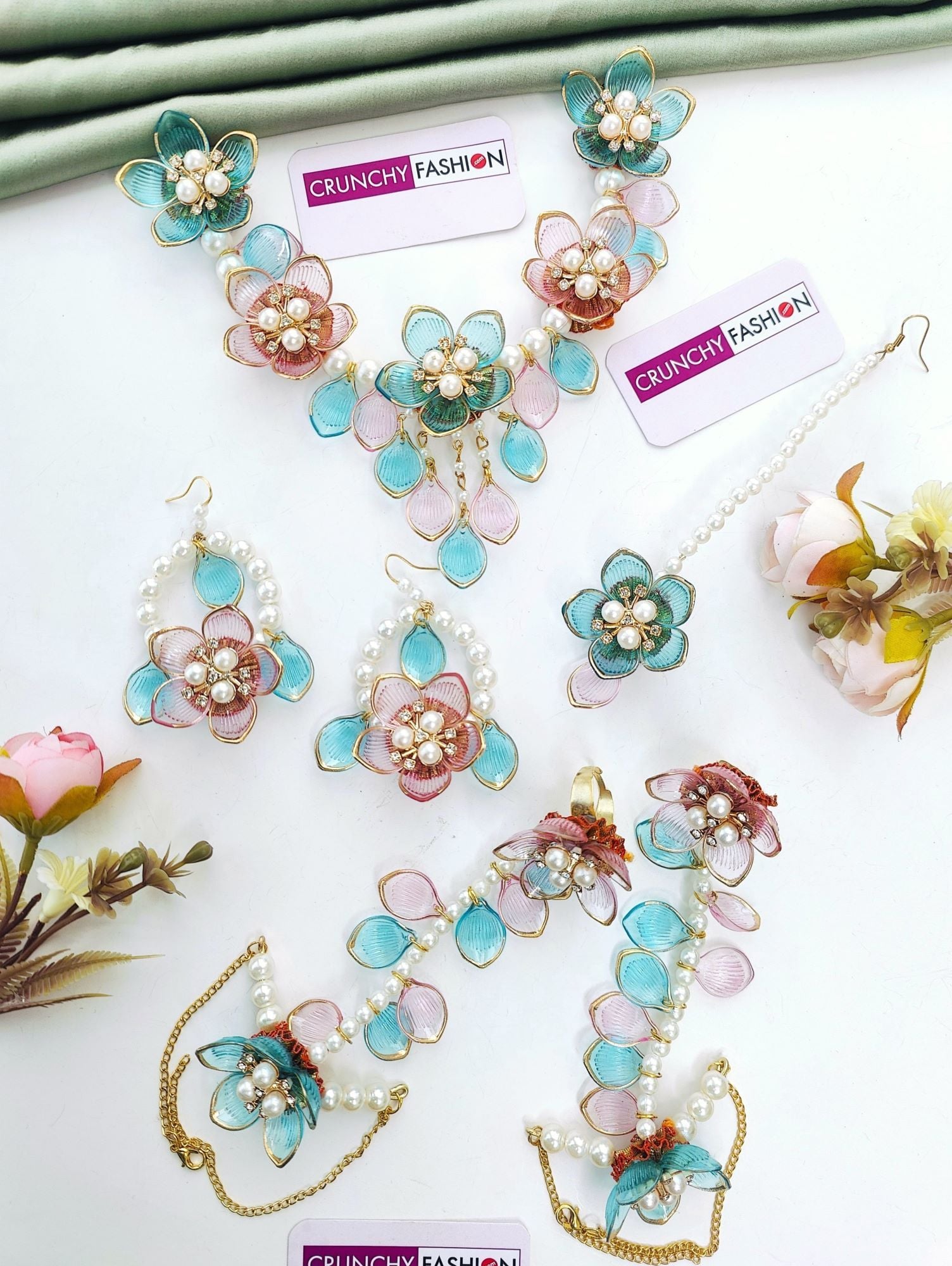 Elegant Acrylic Jewellery Set in Sky Blue & Pink Floral - A Premium Choice for Brides