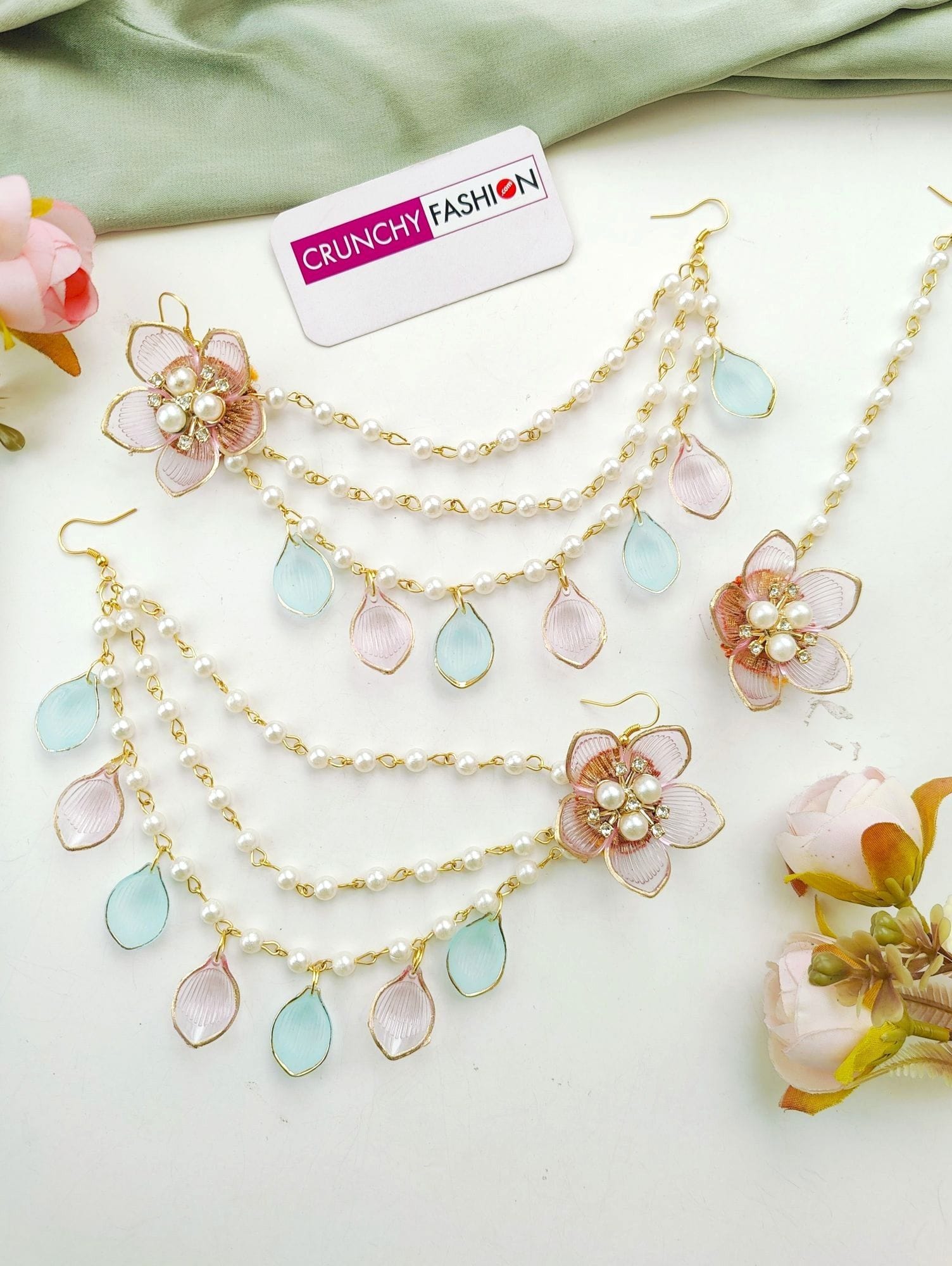 Powder Blue-Pink Floral Jewelry for Haldi-Mehndi