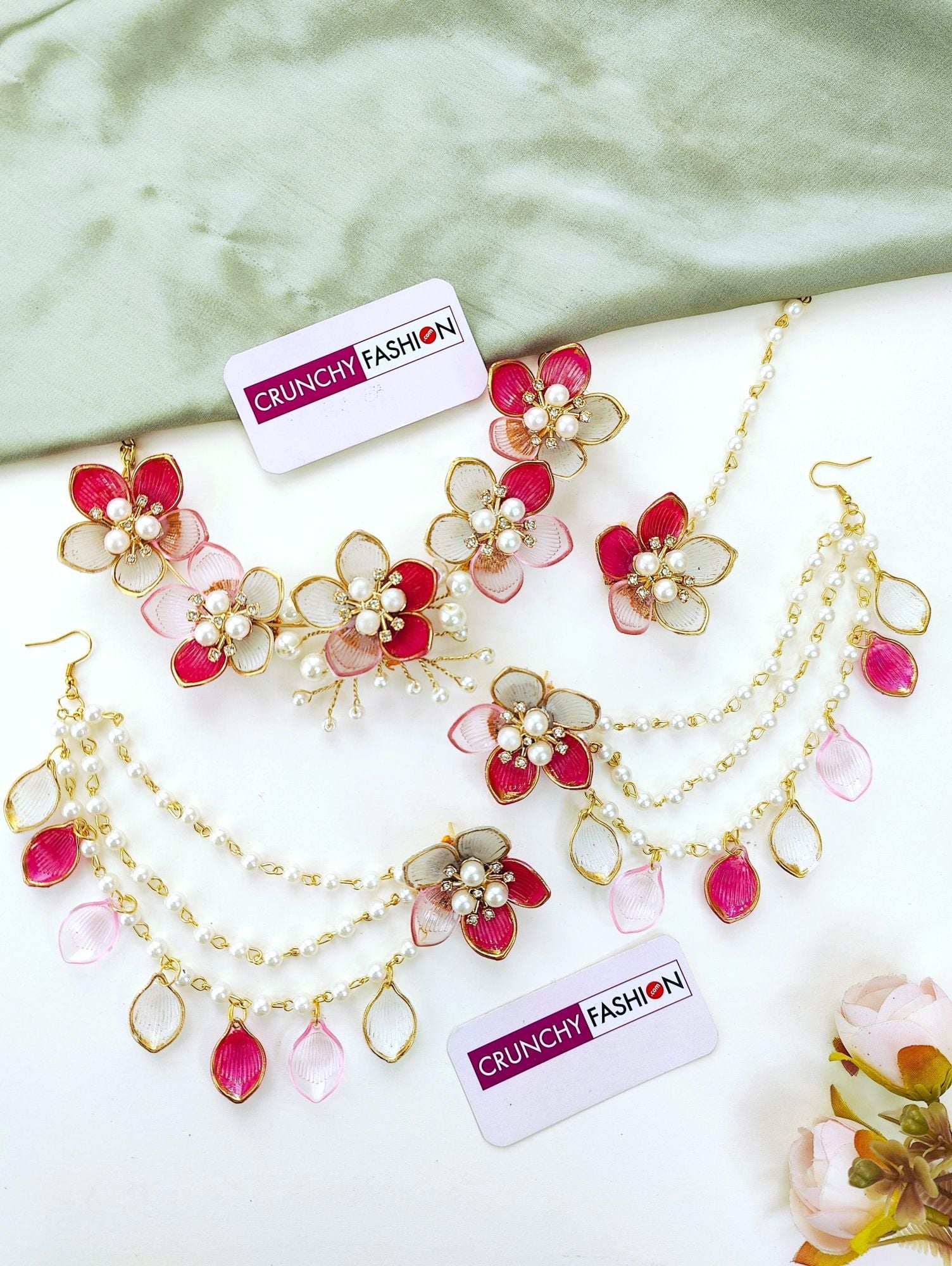 Handmade Bridal Green-Pink Floral Resin Jewellery for Haldi & Mehndi