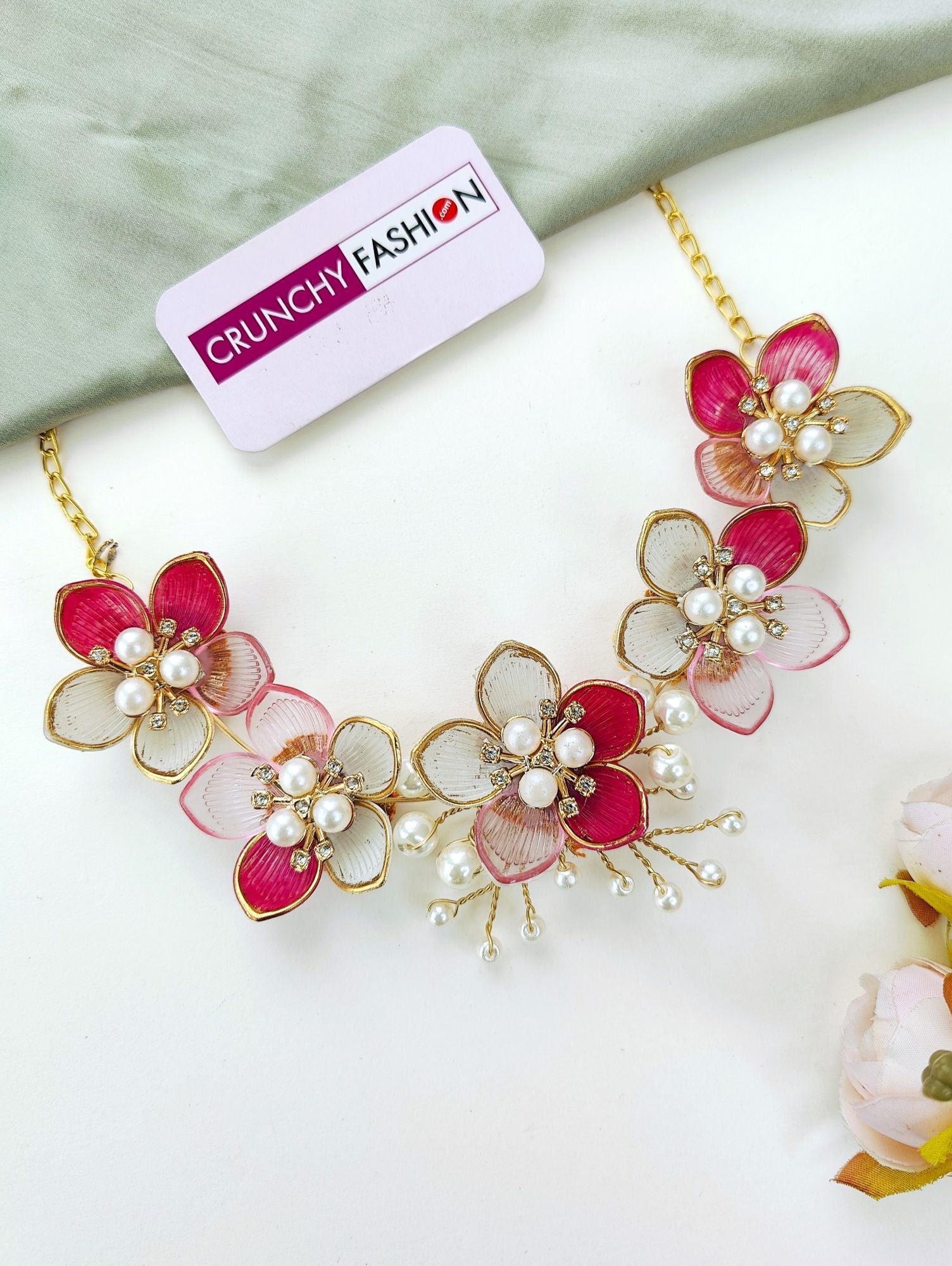 Handmade Bridal Green-Pink Floral Resin Jewellery for Haldi & Mehndi