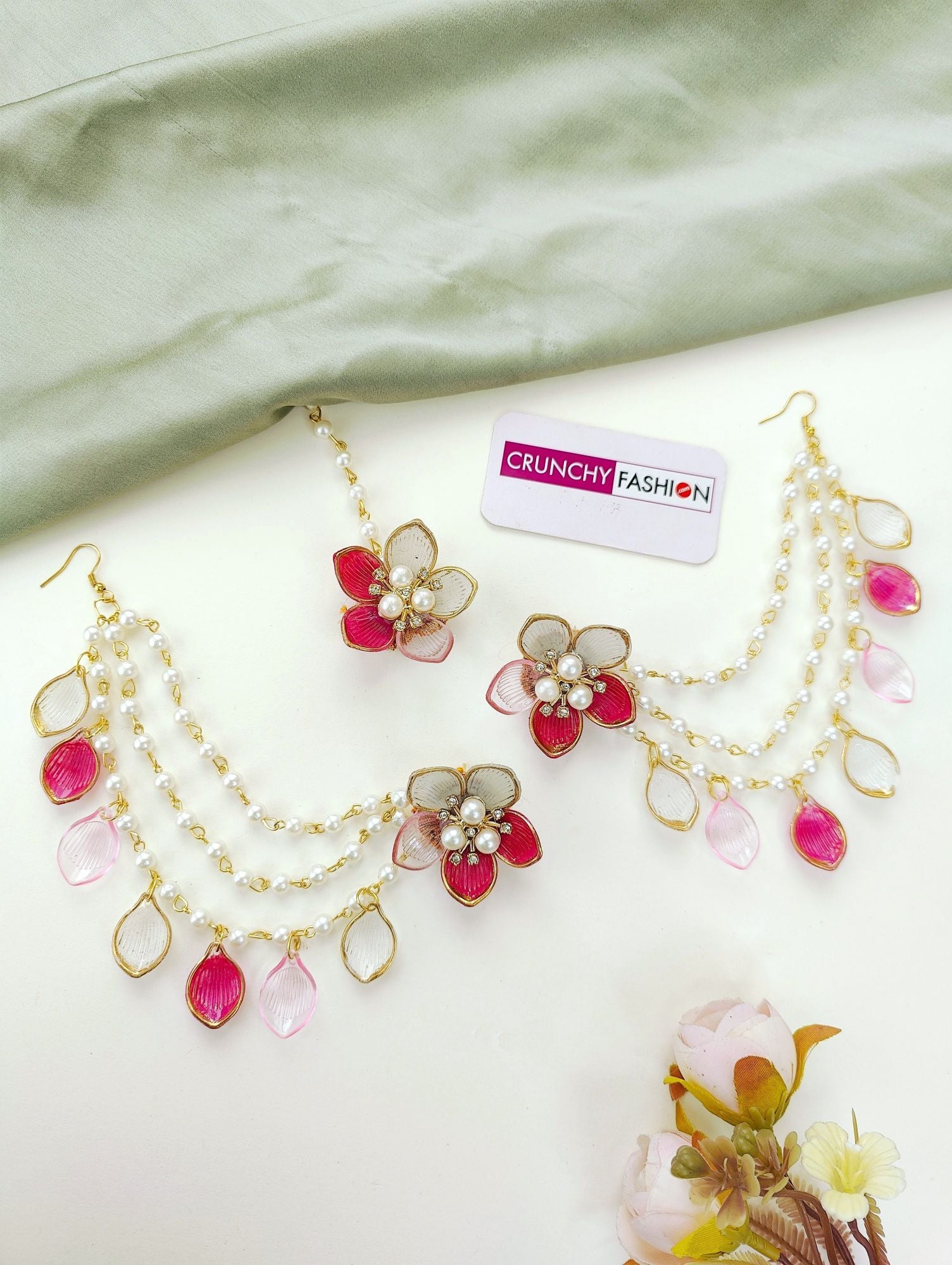 Handmade Bridal Green-Pink Floral Resin Jewellery for Haldi & Mehndi