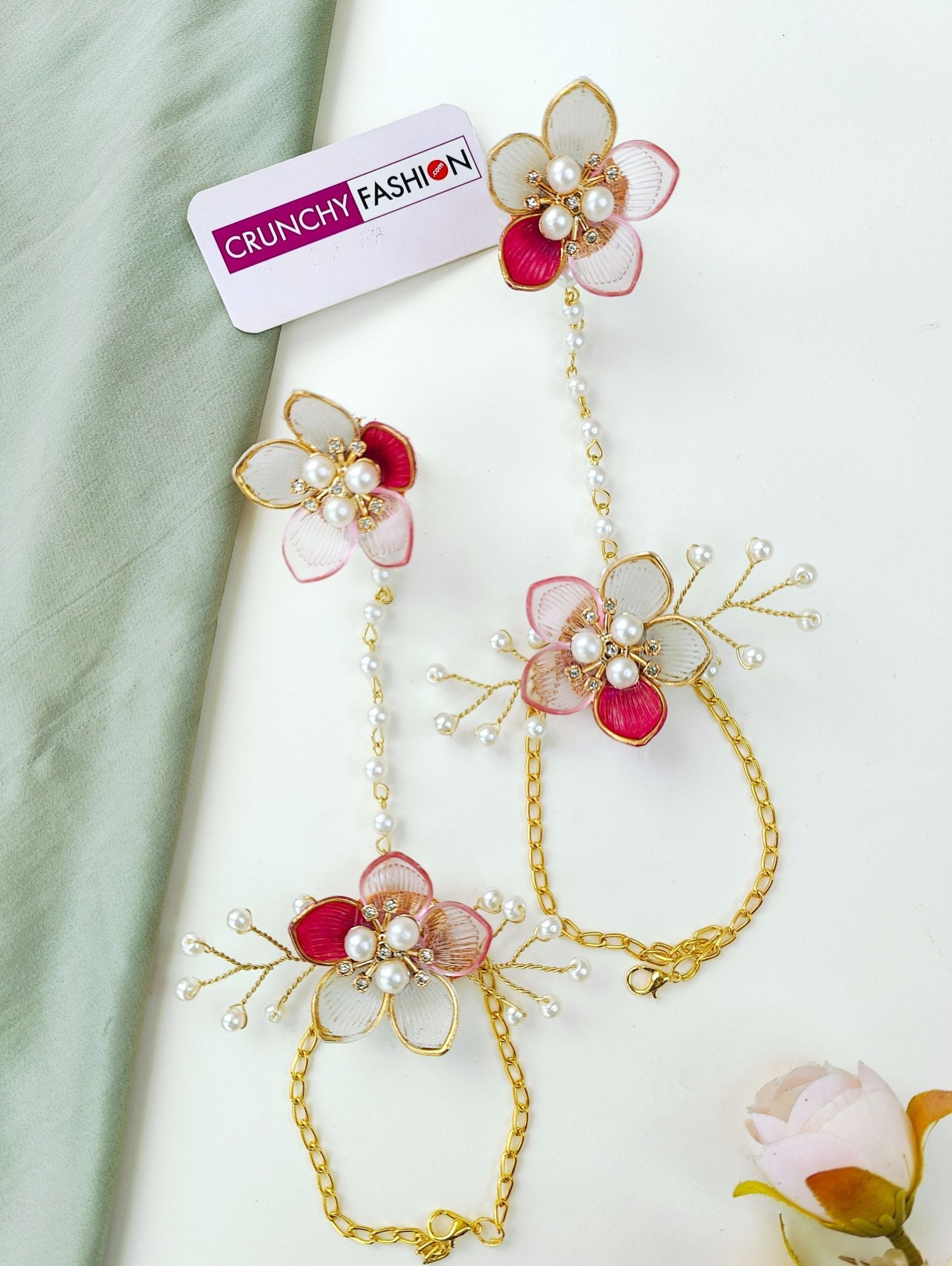 Handmade Bridal Green-Pink Floral Resin Jewellery for Haldi & Mehndi