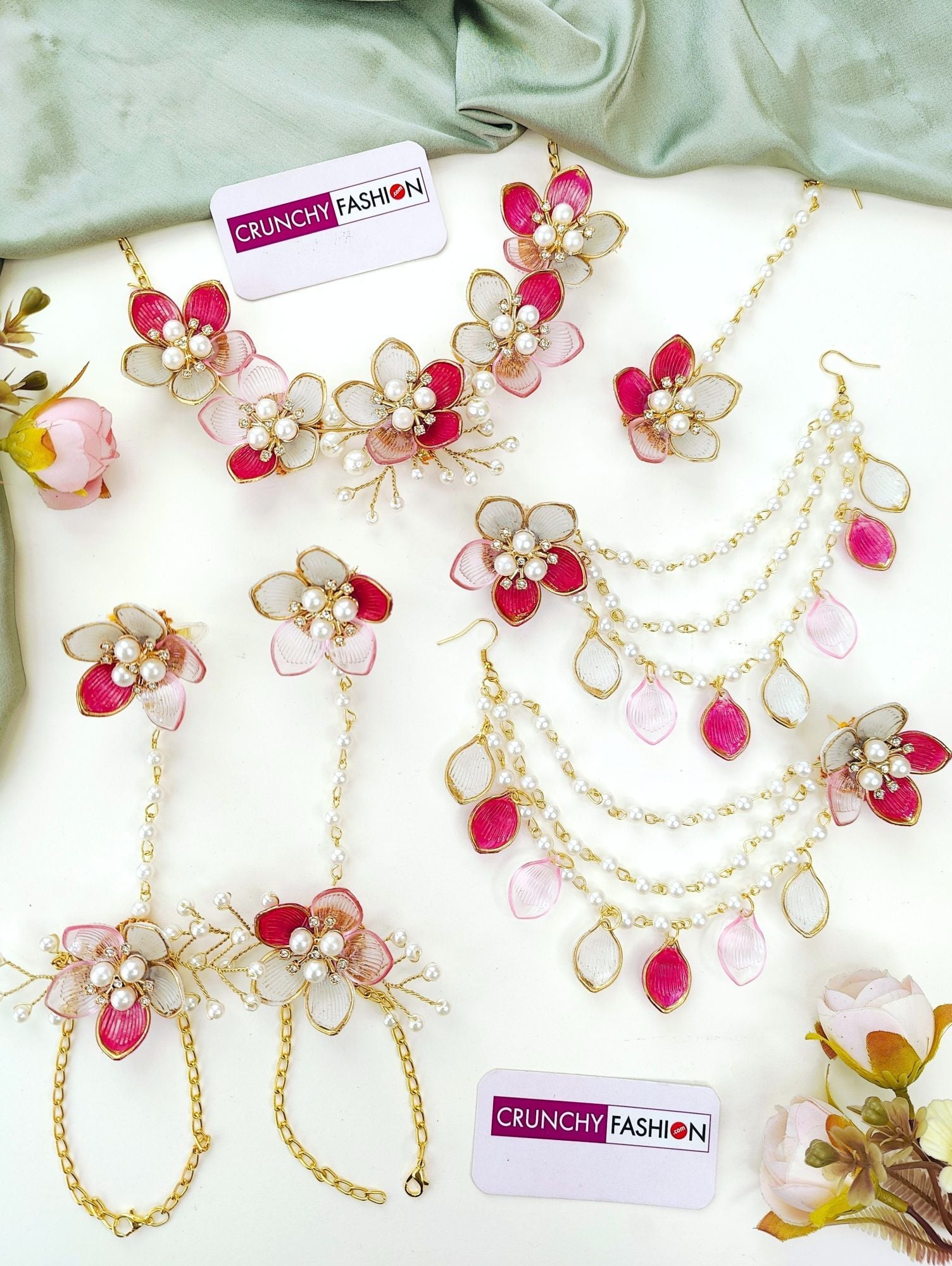Handmade Bridal Green-Pink Floral Resin Jewellery for Haldi & Mehndi