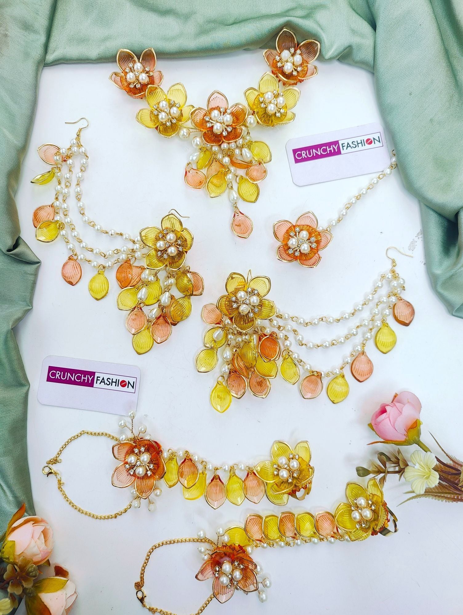 Ornate Haldi-Mehendi Floral Ensemble - Orange Dulhan Jewellery Set for Green Saree