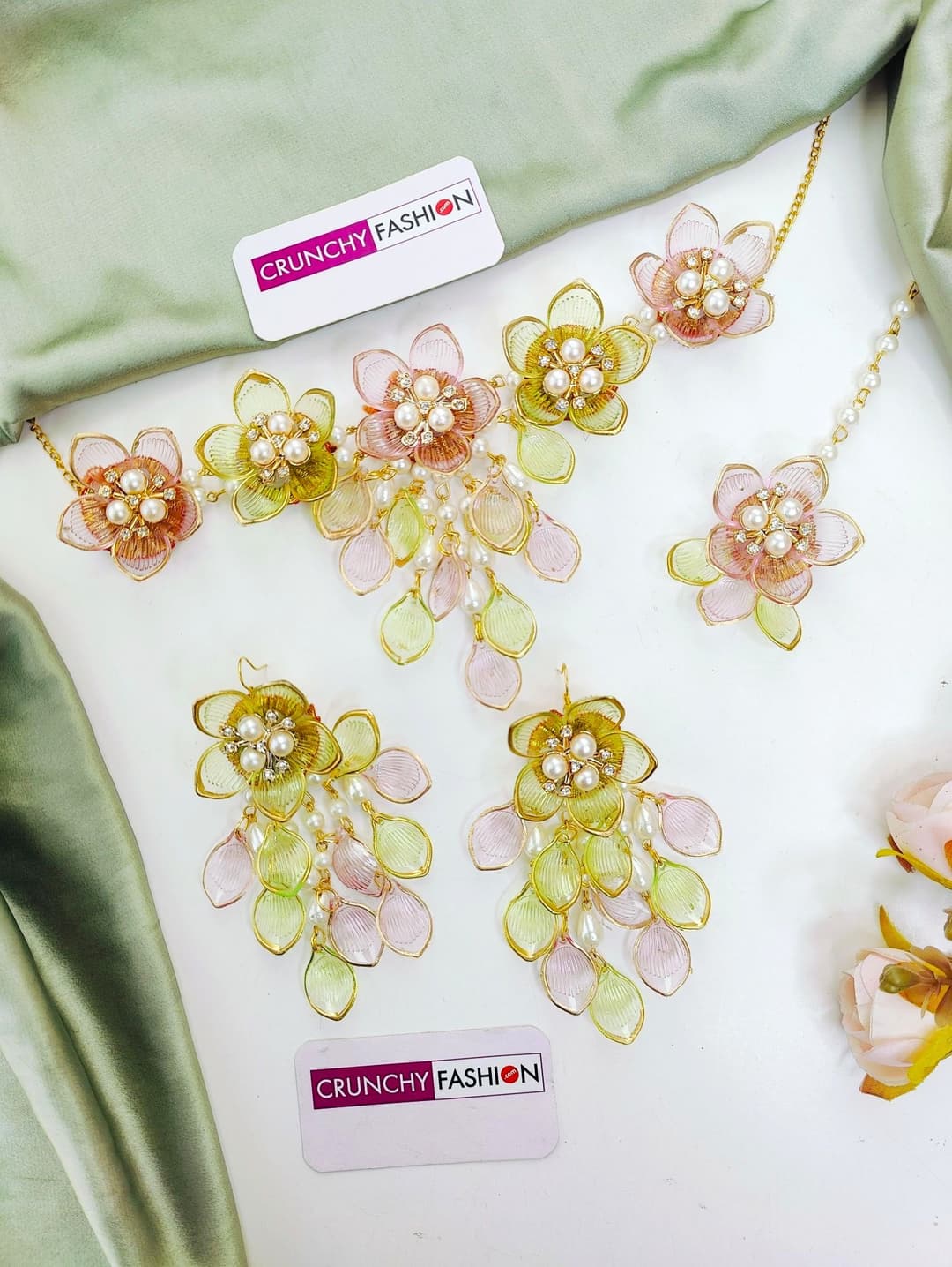 Floral Fiesta: Bridal Jewelry Set for Haldi & Mehndi (Green & Pink)