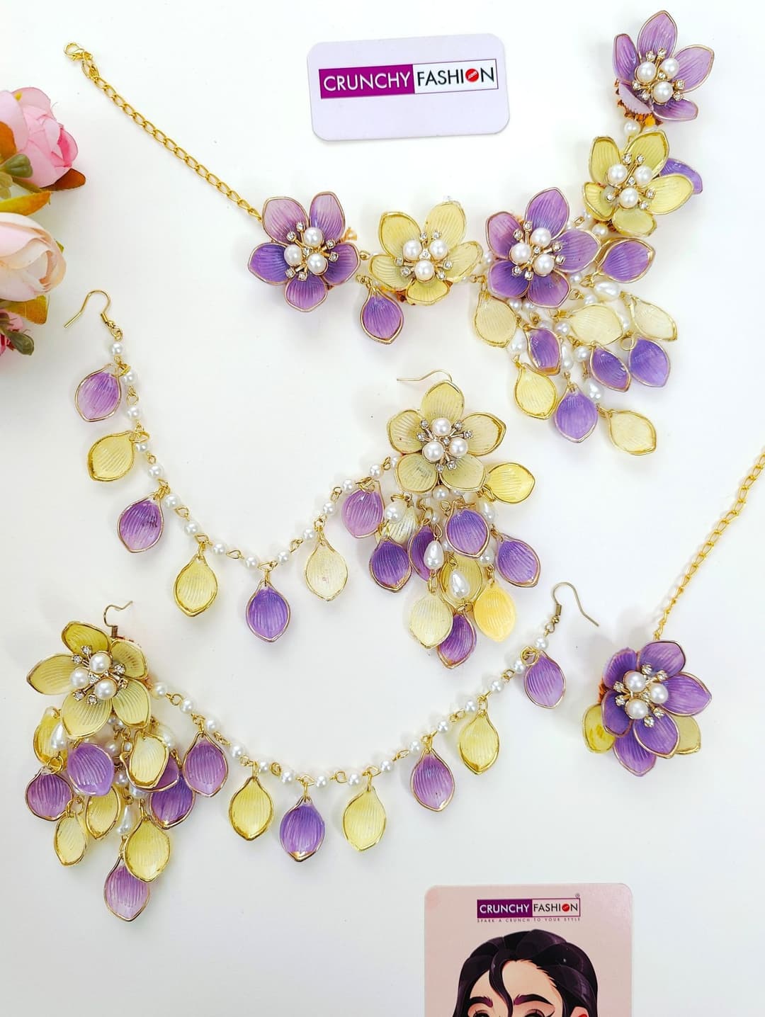 Resplendent Lavender-Yellow Floral Bridal Jewellery Set for Wedding Carnival