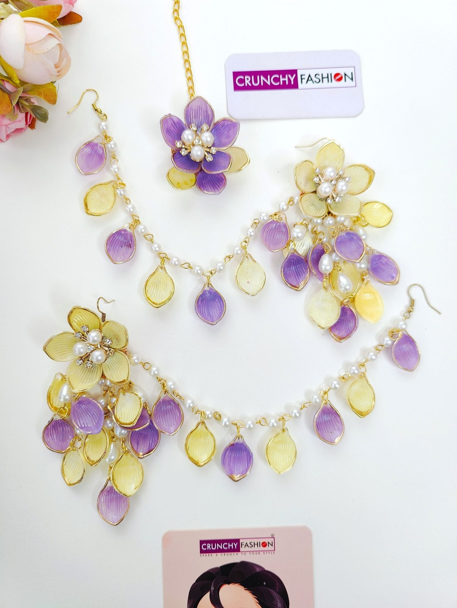 Resplendent Lavender-Yellow Floral Bridal Jewellery Set for Wedding Carnival