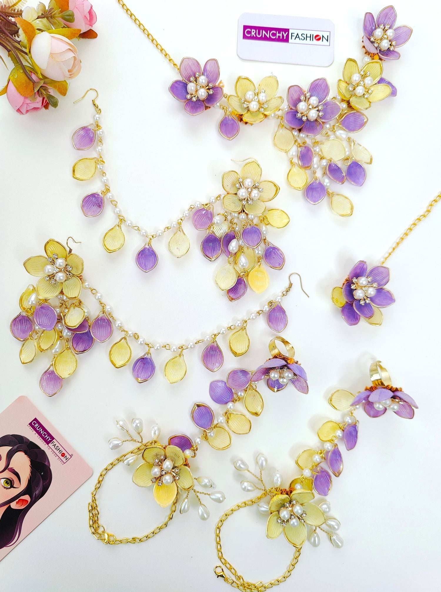 Resplendent Lavender-Yellow Floral Bridal Jewellery Set for Wedding Carnival