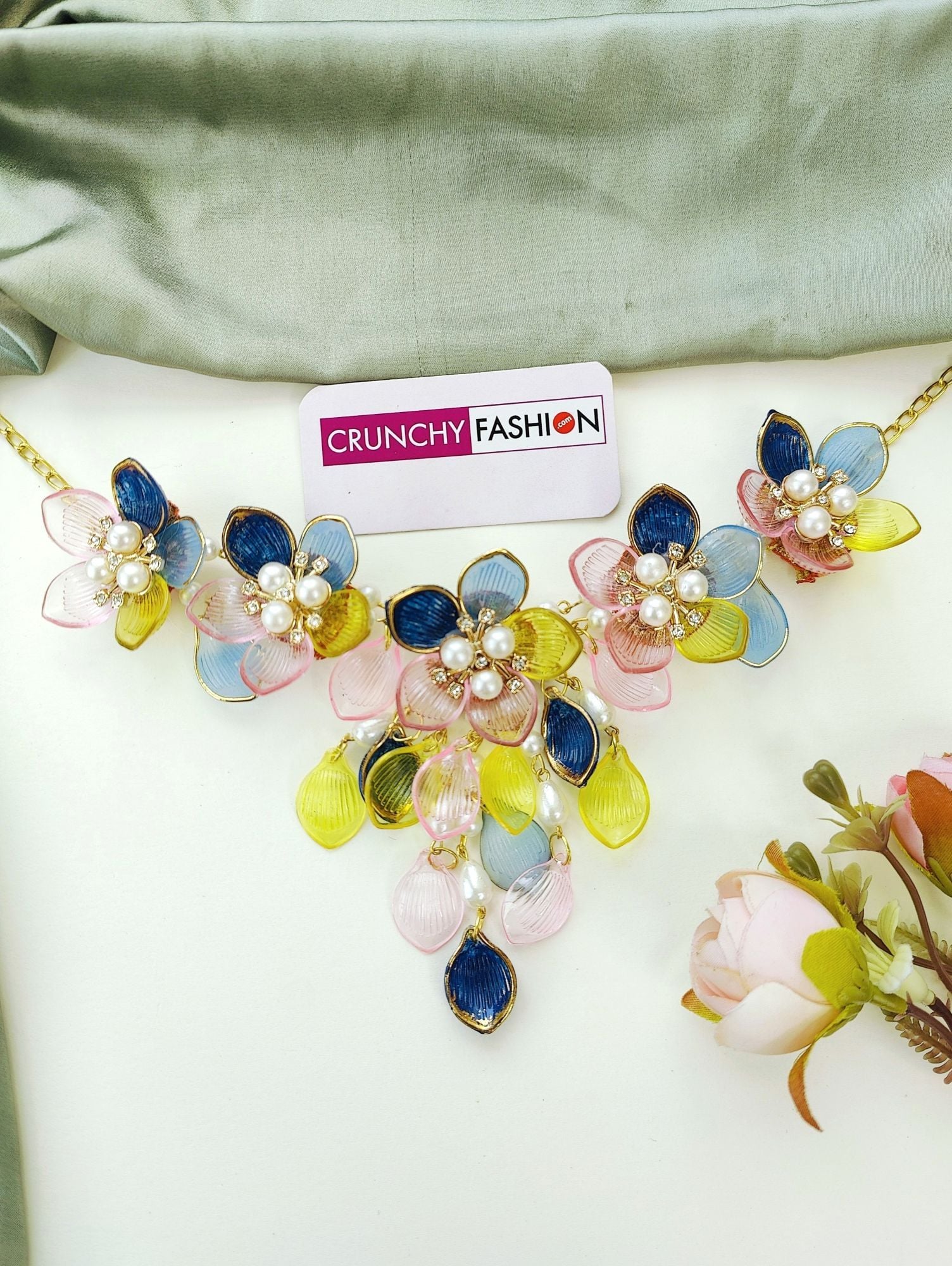 Floral Hues: Blue, Pink & Yellow Resin Carnival Bridal Jewellery Set for Haldi-Mehndi Celebration