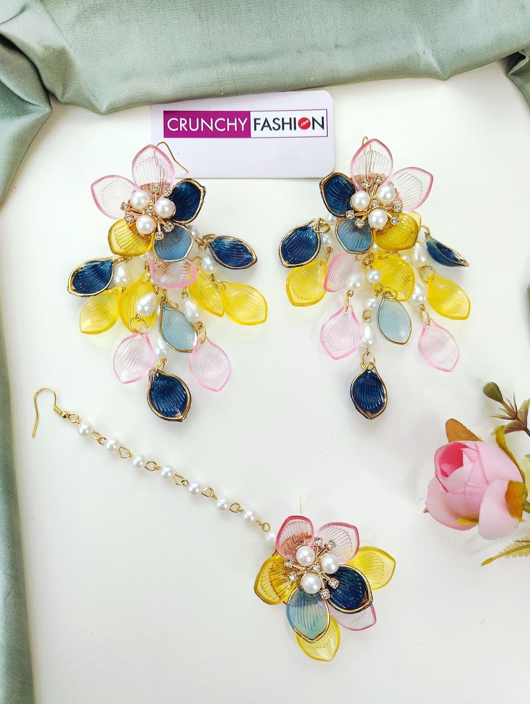 Floral Hues: Blue, Pink & Yellow Resin Carnival Bridal Jewellery Set for Haldi-Mehndi Celebration