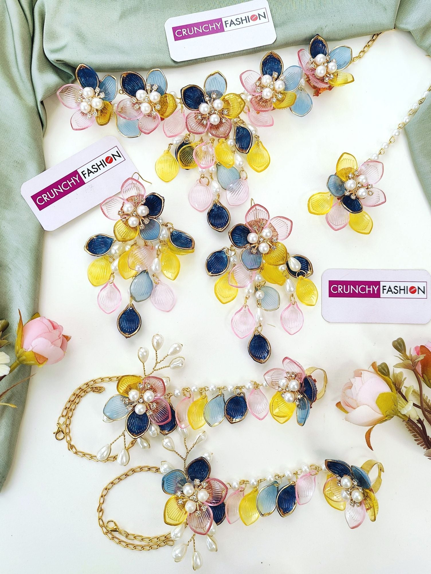 Floral Hues: Blue, Pink & Yellow Resin Carnival Bridal Jewellery Set for Haldi-Mehndi Celebration