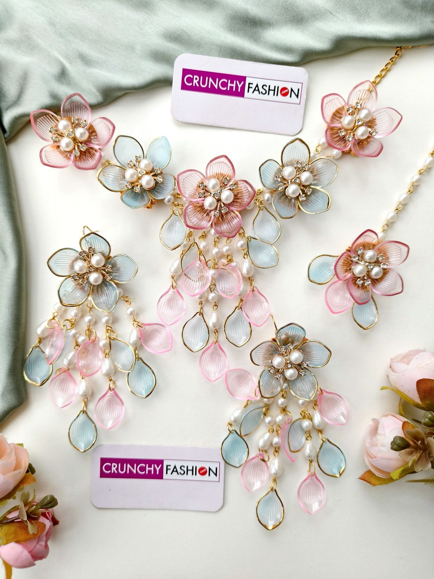Blooming Bliss: Powder Blue & Pink Floral Bridal Set in Resin & Gold