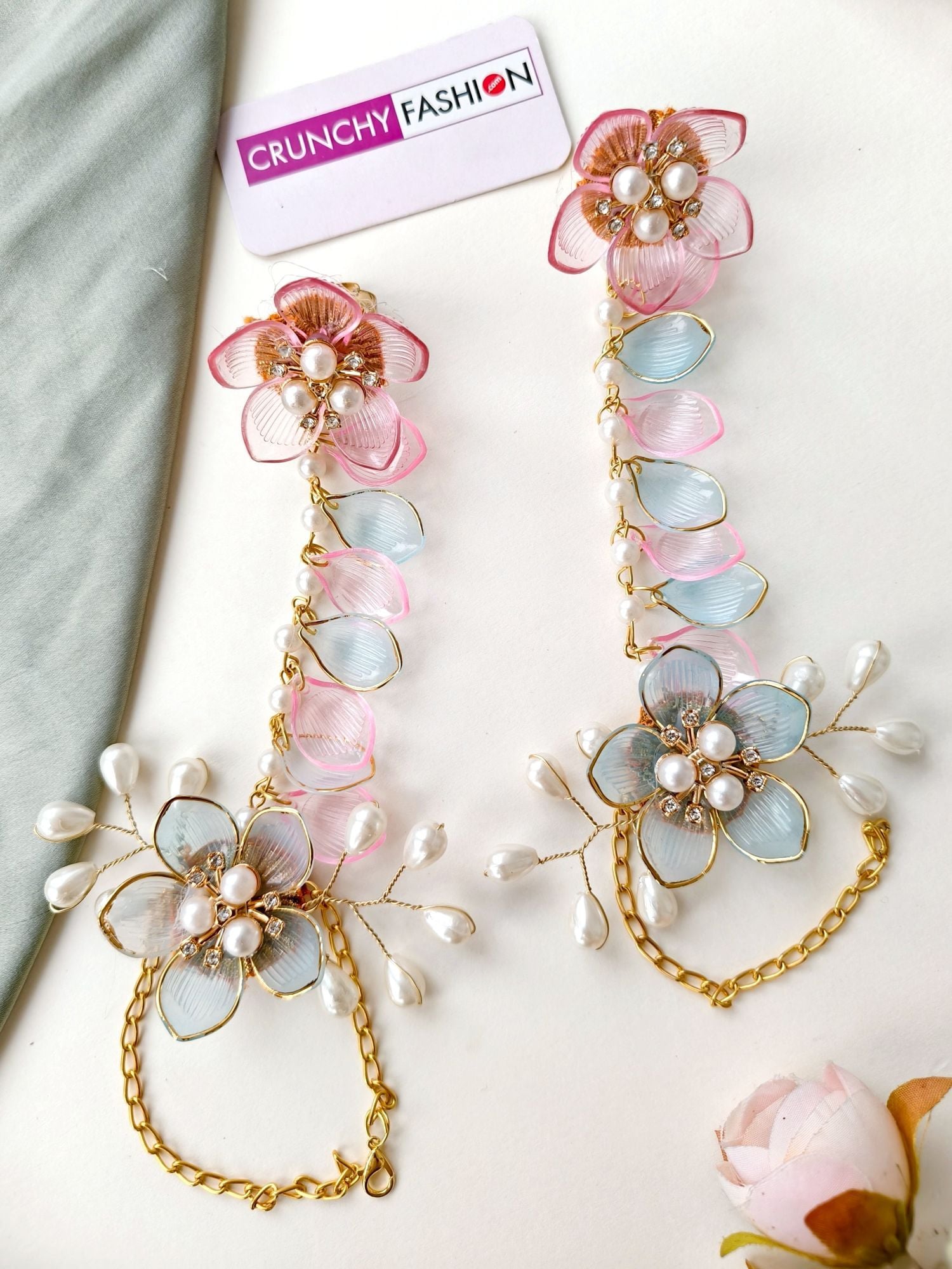 Blooming Bliss: Powder Blue & Pink Floral Bridal Set in Resin & Gold