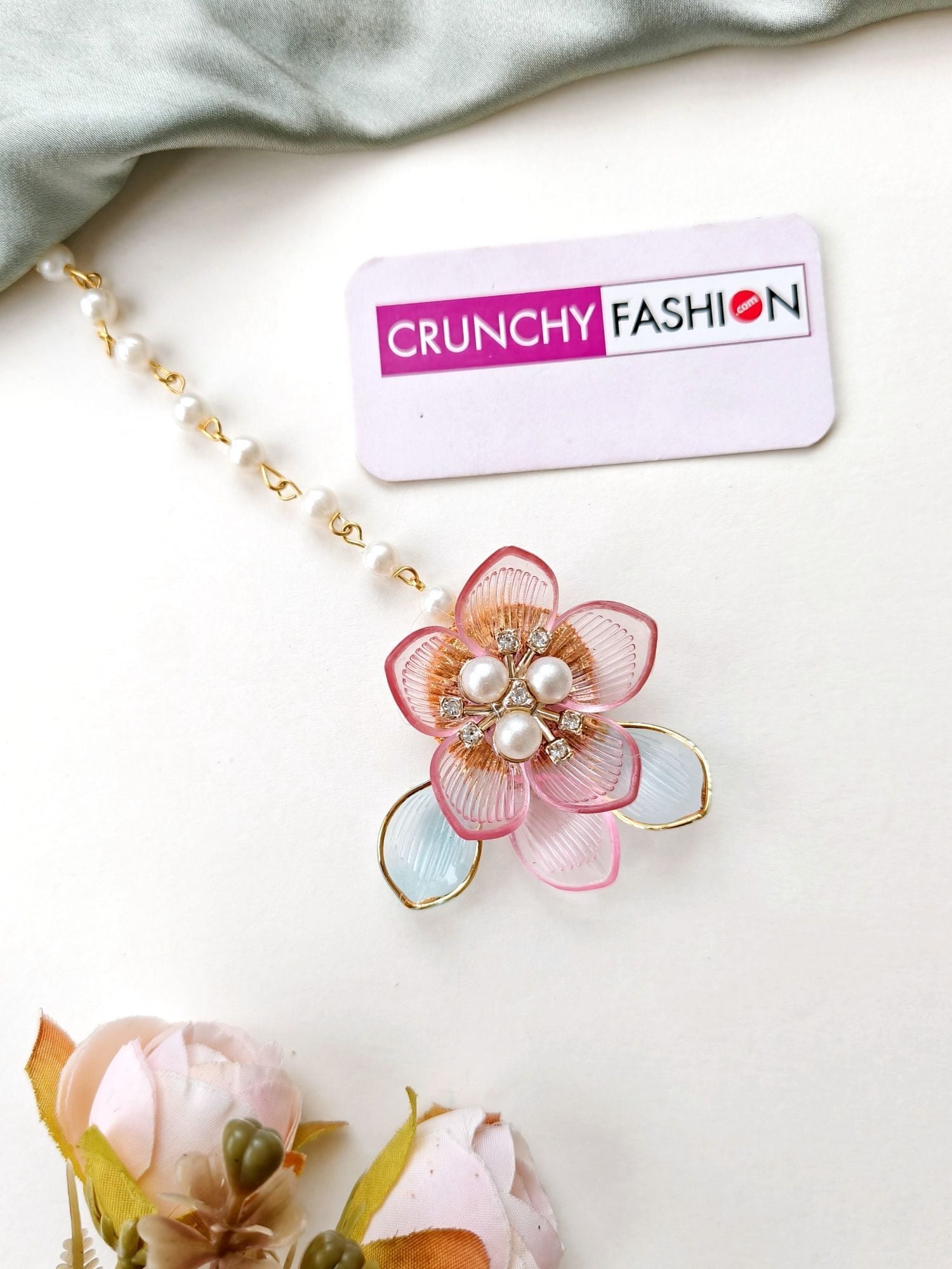 Blooming Bliss: Powder Blue & Pink Floral Bridal Set in Resin & Gold