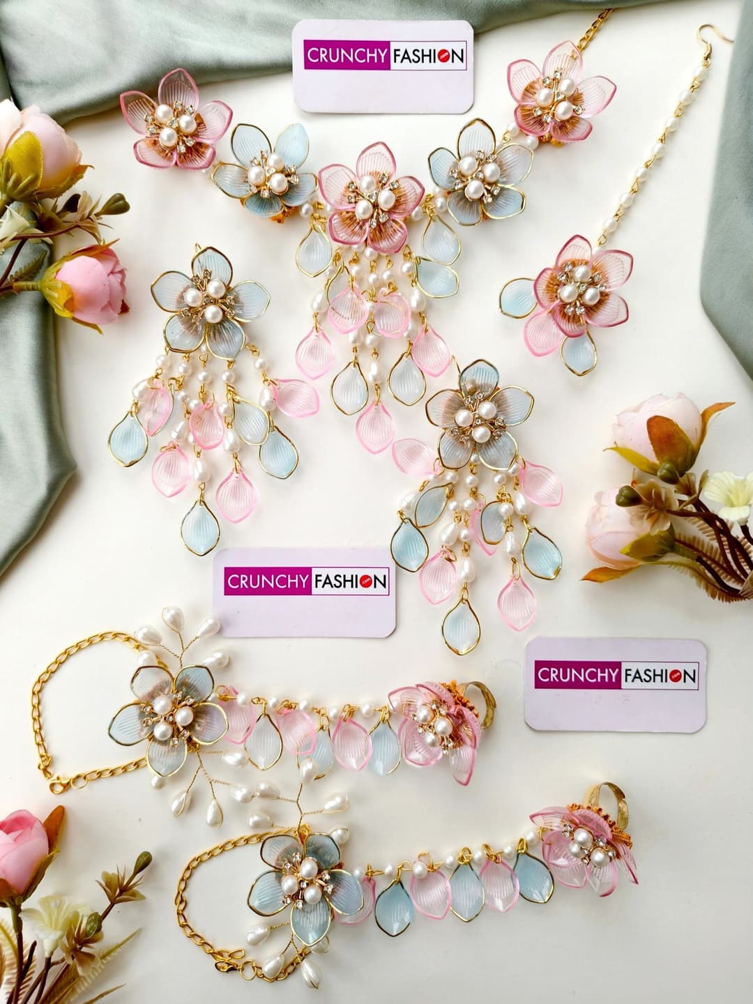 Blooming Bliss: Powder Blue & Pink Floral Bridal Set in Resin & Gold