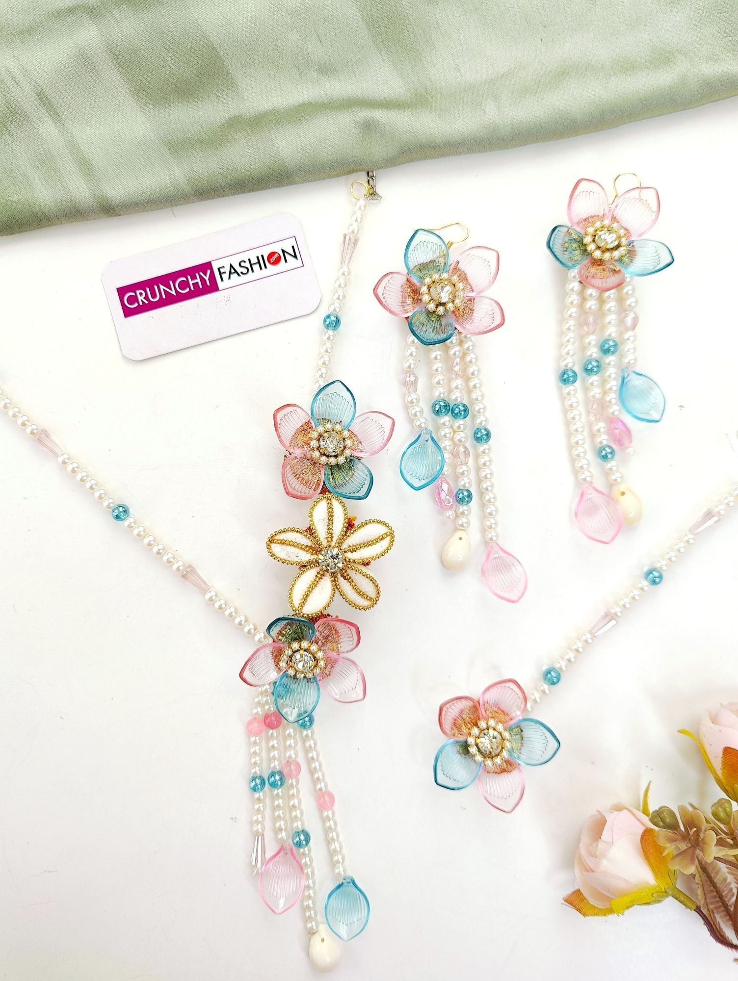 Handmade Acrylic Bridal Jewellery Set Sky Blue Pink Floral