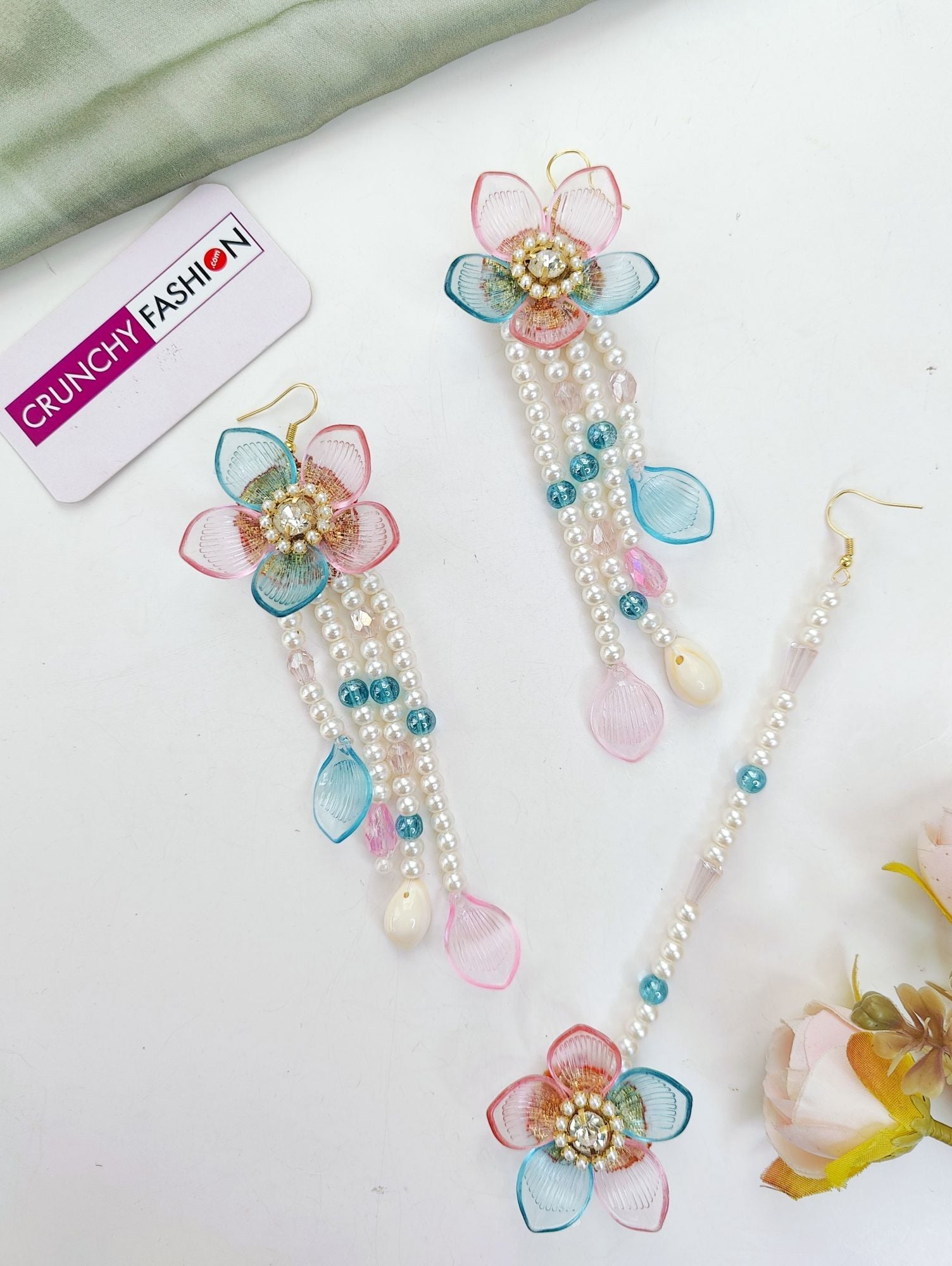 Handmade Acrylic Bridal Jewellery Set Sky Blue Pink Floral