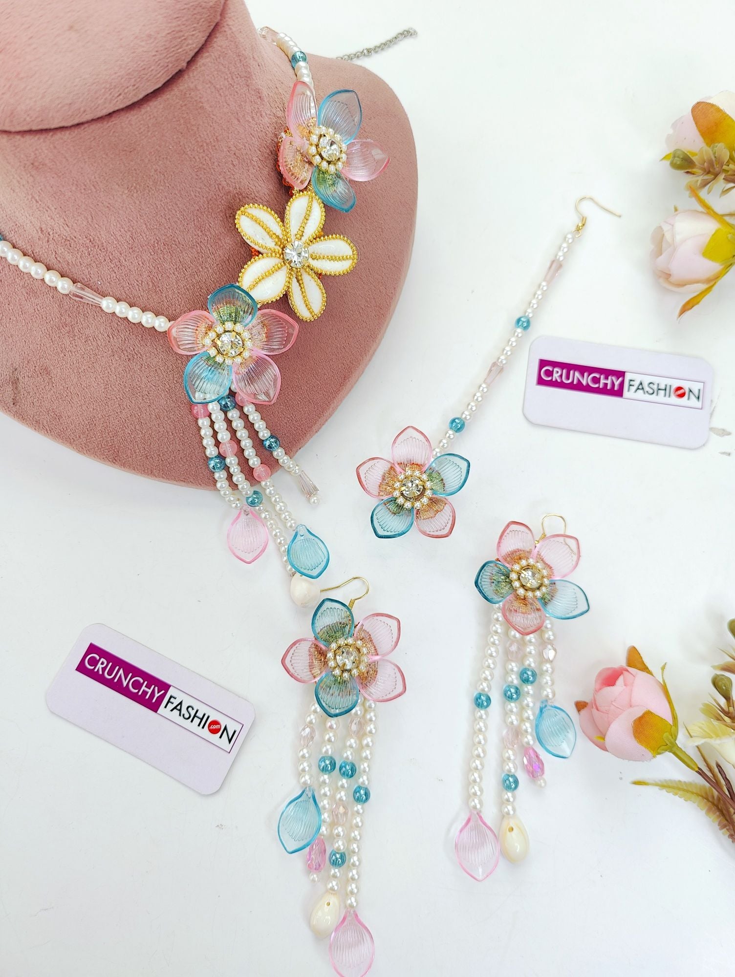 Handmade Acrylic Bridal Jewellery Set Sky Blue Pink Floral