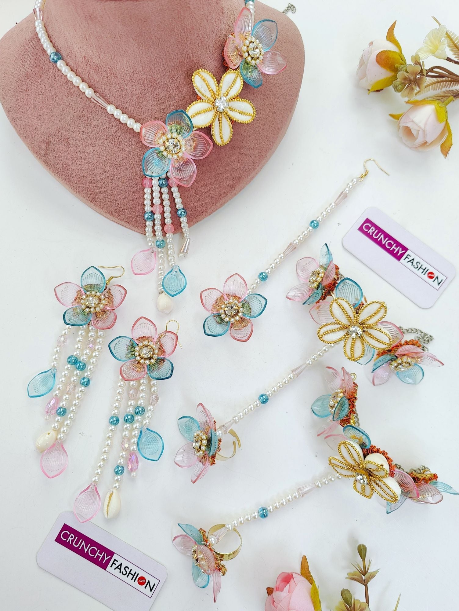 Handmade Acrylic Bridal Jewellery Set Sky Blue Pink Floral
