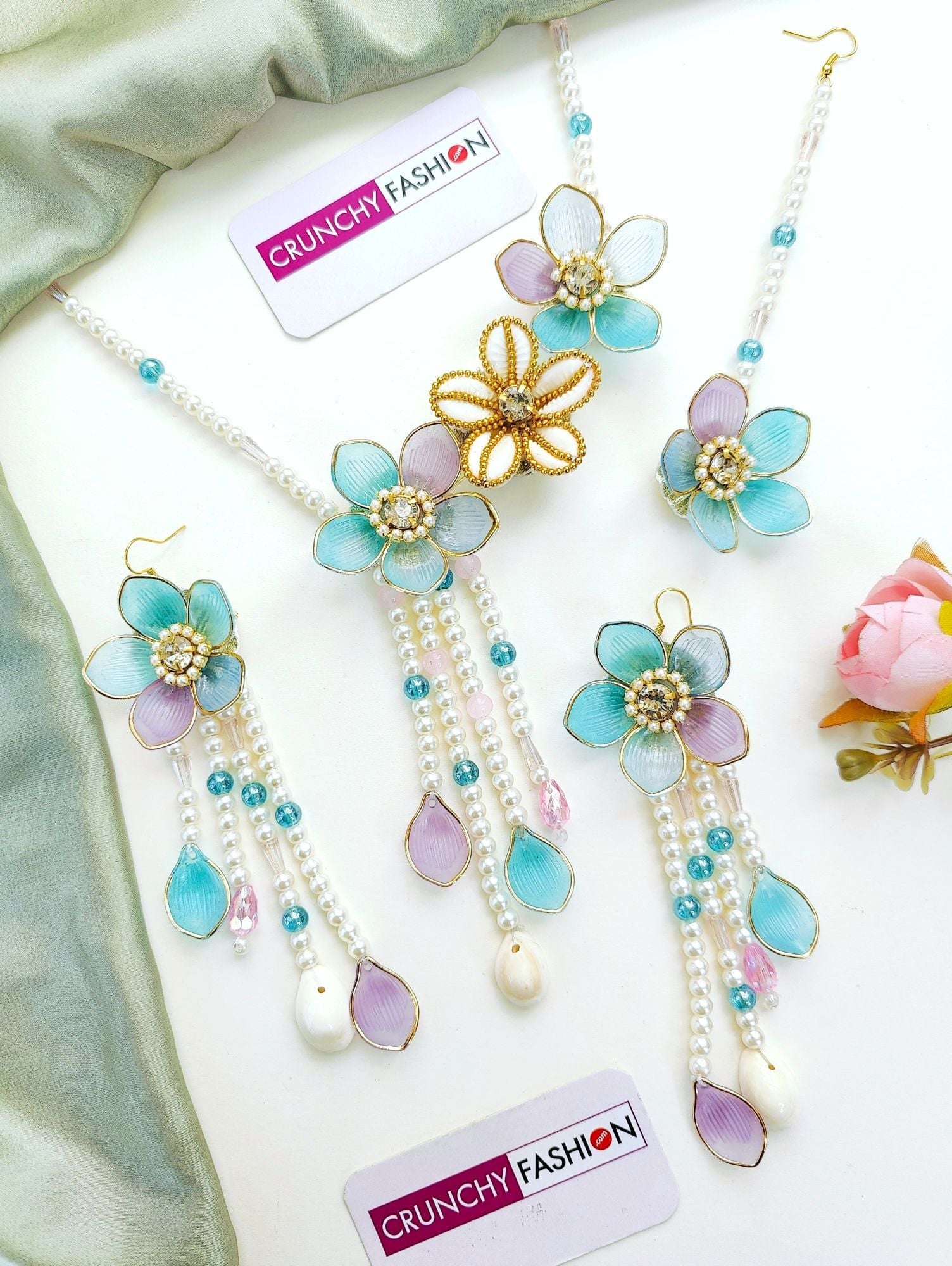 Aqua Blue Lavender Acrylic Floral Jewellery Set for Haldi & Mehndi Brides