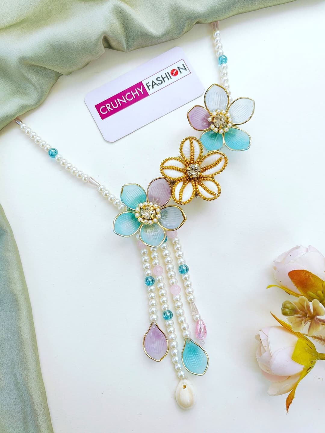 Powder Blue Baby Pink Floral Jewellery Set for Haldi Brides