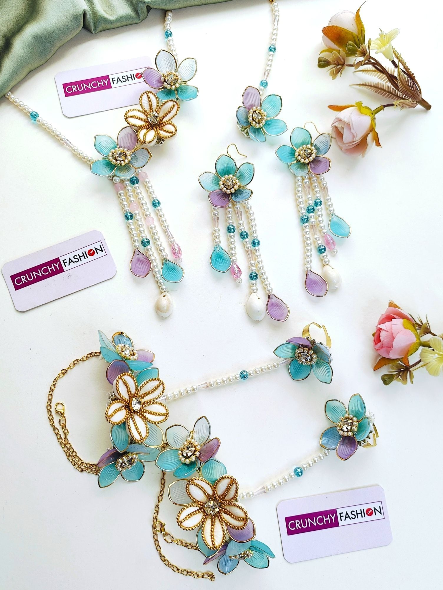 Aqua Blue Lavender Acrylic Floral Jewellery Set for Haldi & Mehndi Brides