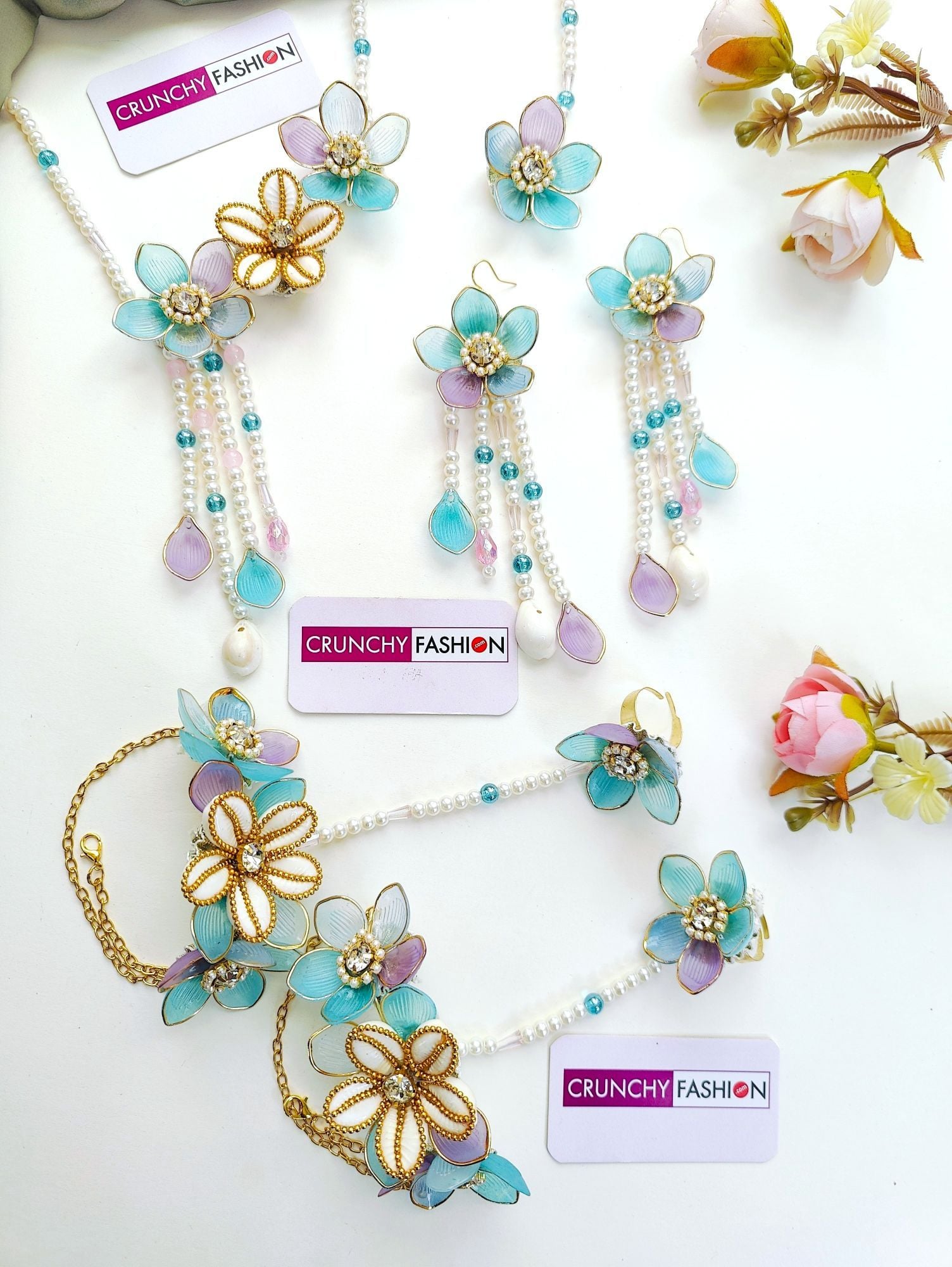 Aqua Blue Lavender Acrylic Floral Jewellery Set for Haldi & Mehndi Brides